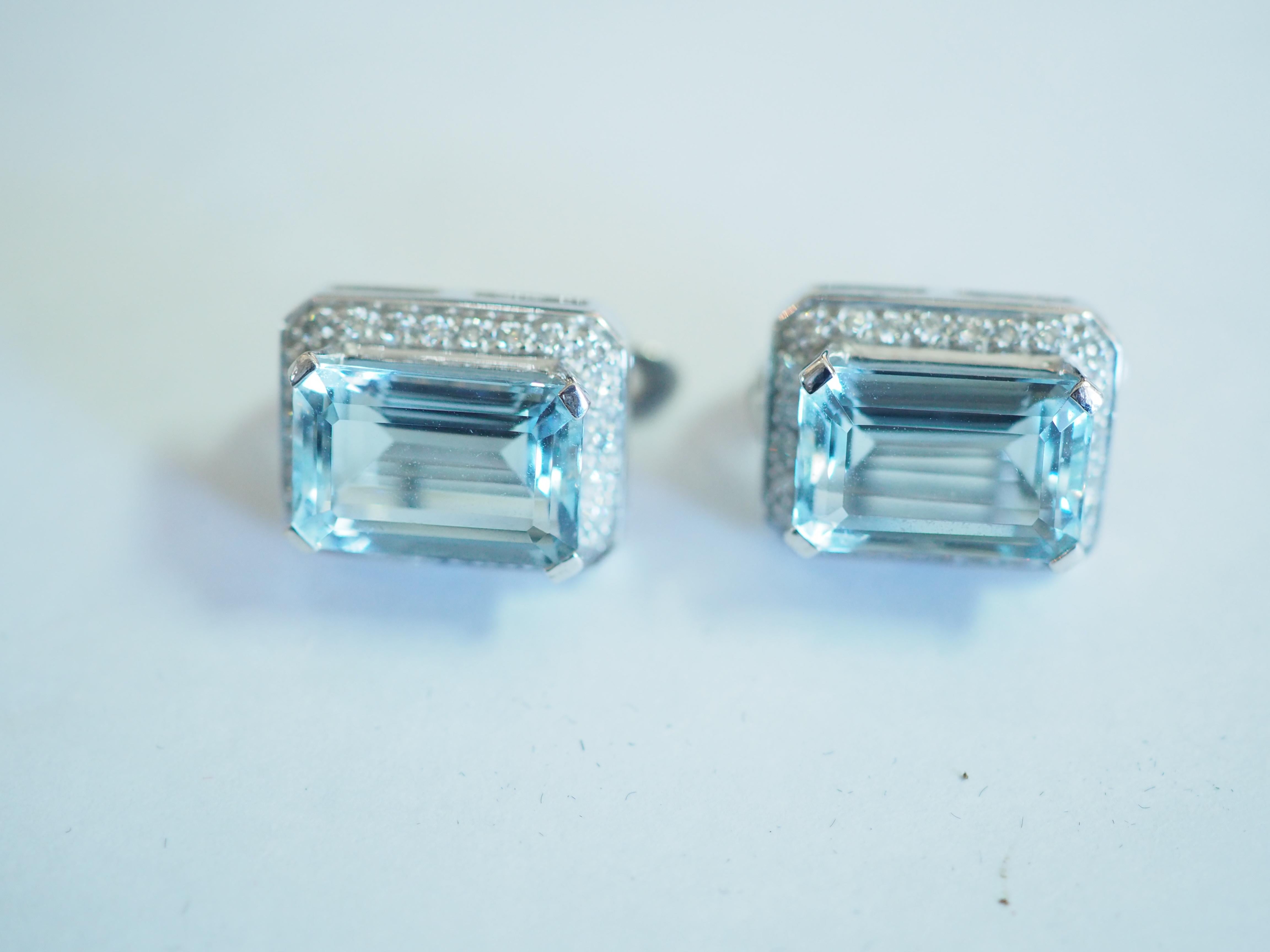 Emerald Cut 18K White Gold 8.27ct Aquamarine & 0.49ct Diamond Earrings