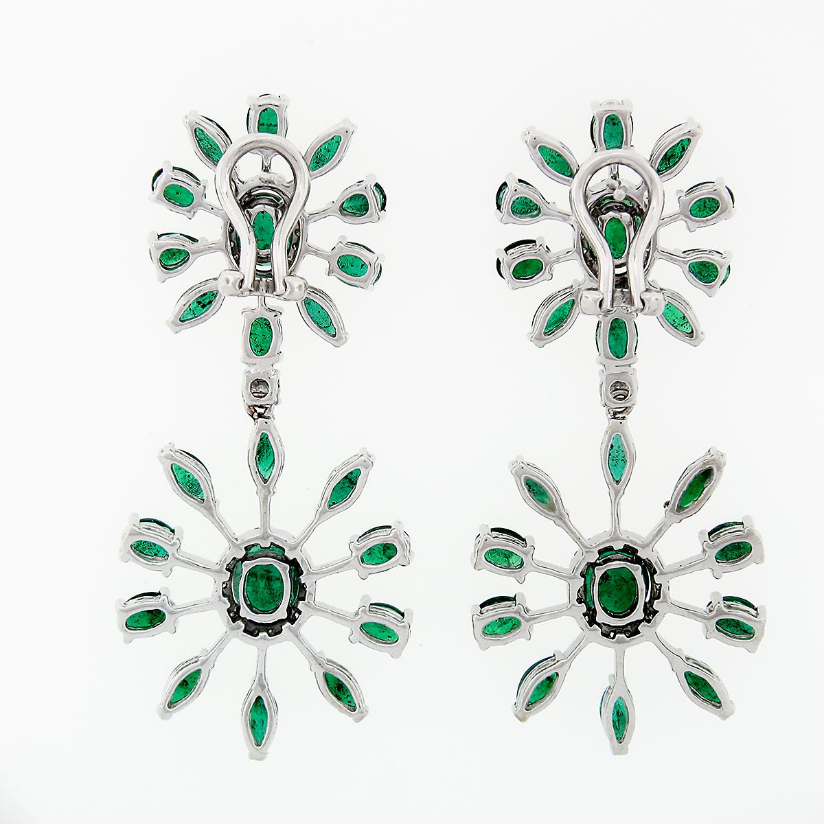 18k White Gold 8.28ctw Emerald & Diamond Spray Snowflake Drop Dangle Earrings In Excellent Condition For Sale In Montclair, NJ