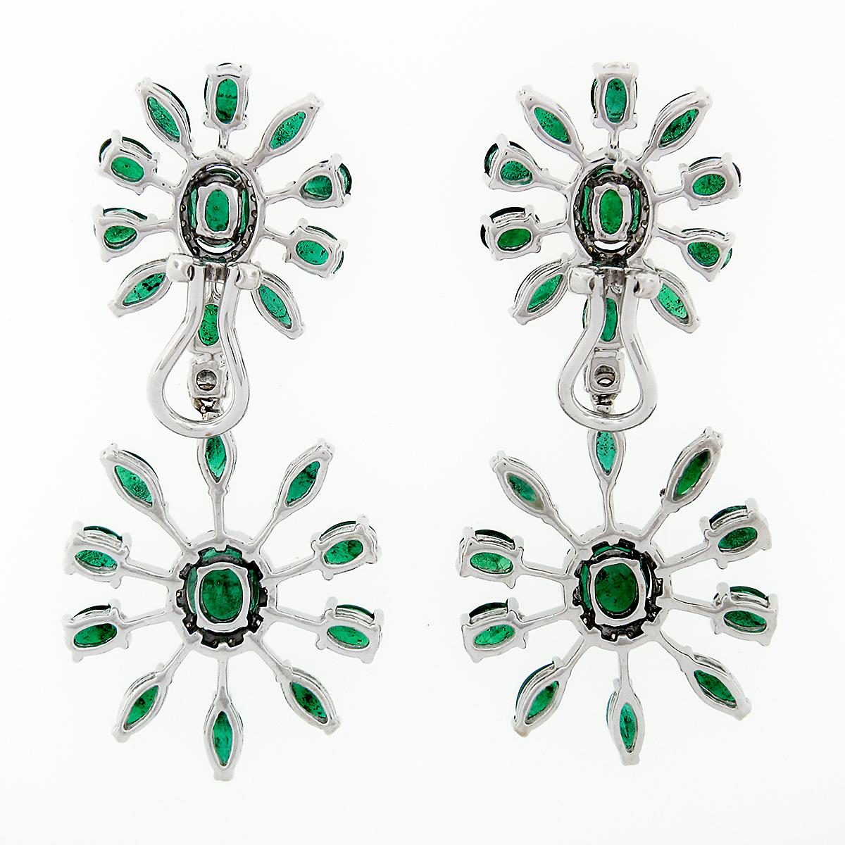 Women's 18k White Gold 8.28ctw Emerald & Diamond Spray Snowflake Drop Dangle Earrings For Sale