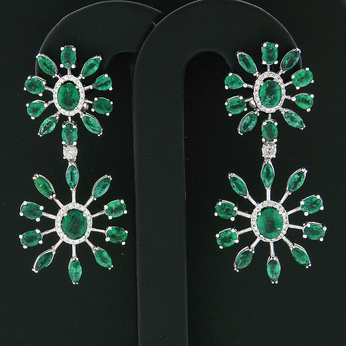 18k White Gold 8.28ctw Emerald & Diamond Spray Snowflake Drop Dangle Earrings For Sale 1
