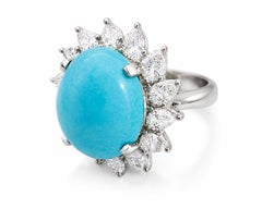 18K White Gold 8.35 Carat Turquoise and Diamond Ring - Size 6.75