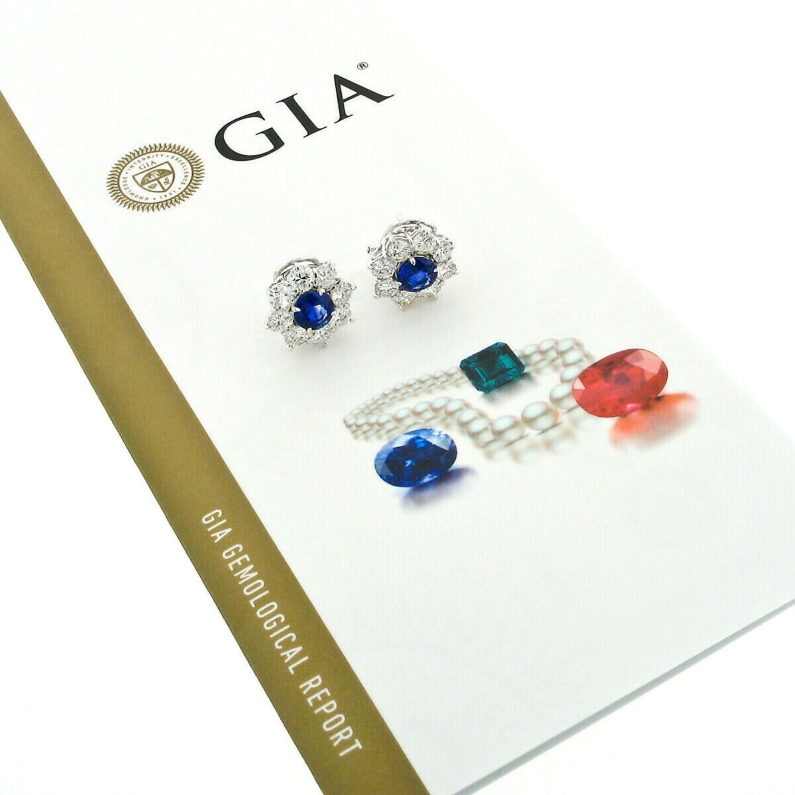 18k White Gold 8.50ctw GIA Ceylon Sapphire Diamond Halo Flower Cluster Earrings For Sale 2