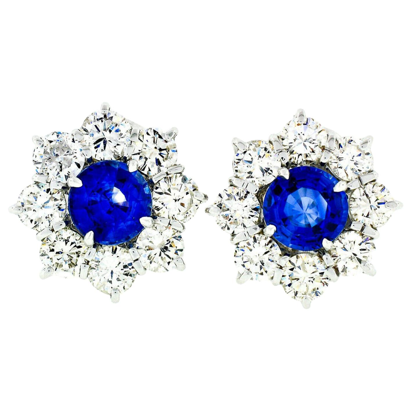 18k White Gold 8.50ctw GIA Ceylon Sapphire Diamond Halo Flower Cluster Earrings For Sale