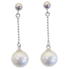 18K White Gold 8.5mm White Round Sea Pearl Dangle Earring