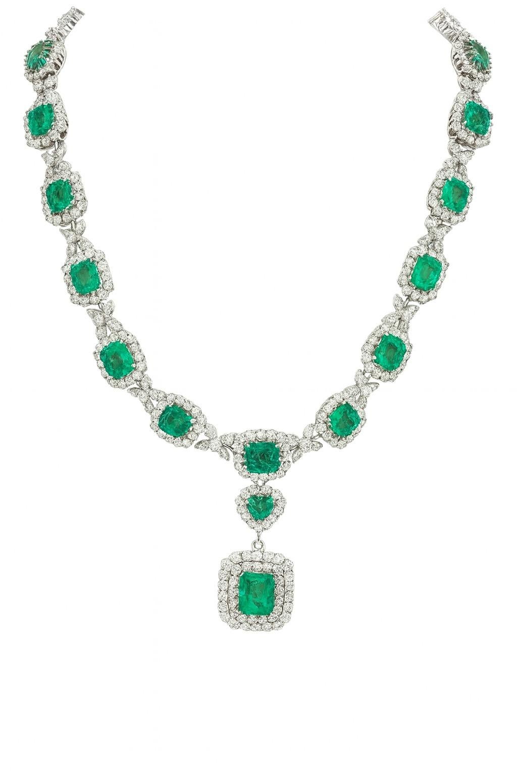 Emerald Cut 18K White Gold 88 Carat Graduated Diamond Tennis Necklace For Sale