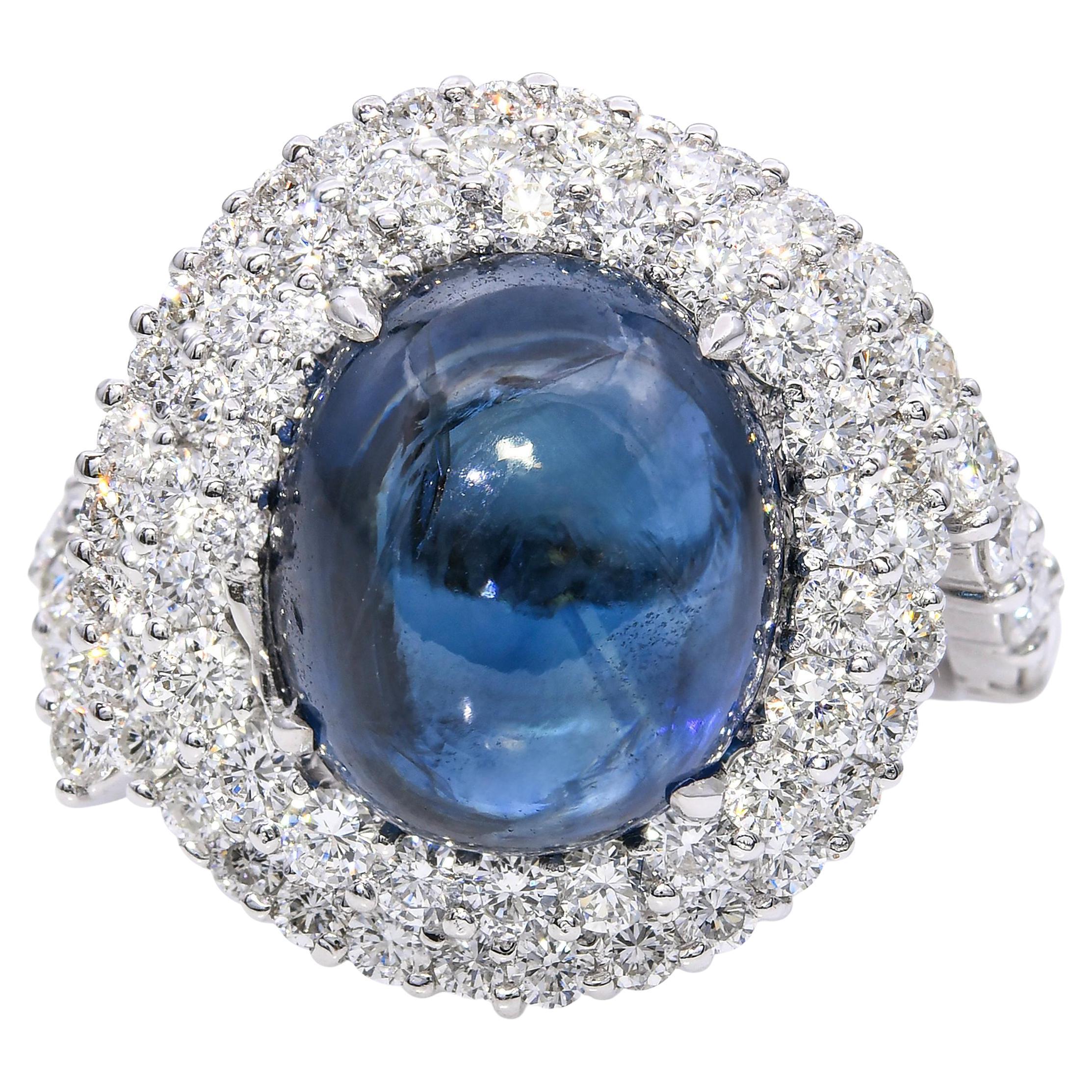 18k White Gold 8ct Cabochon Sapphire and Diamond Spiral Ring