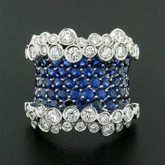 18k White Gold 8ctw Sapphire & Diamond Wide Wave Bubbles Statement Cocktail Ring