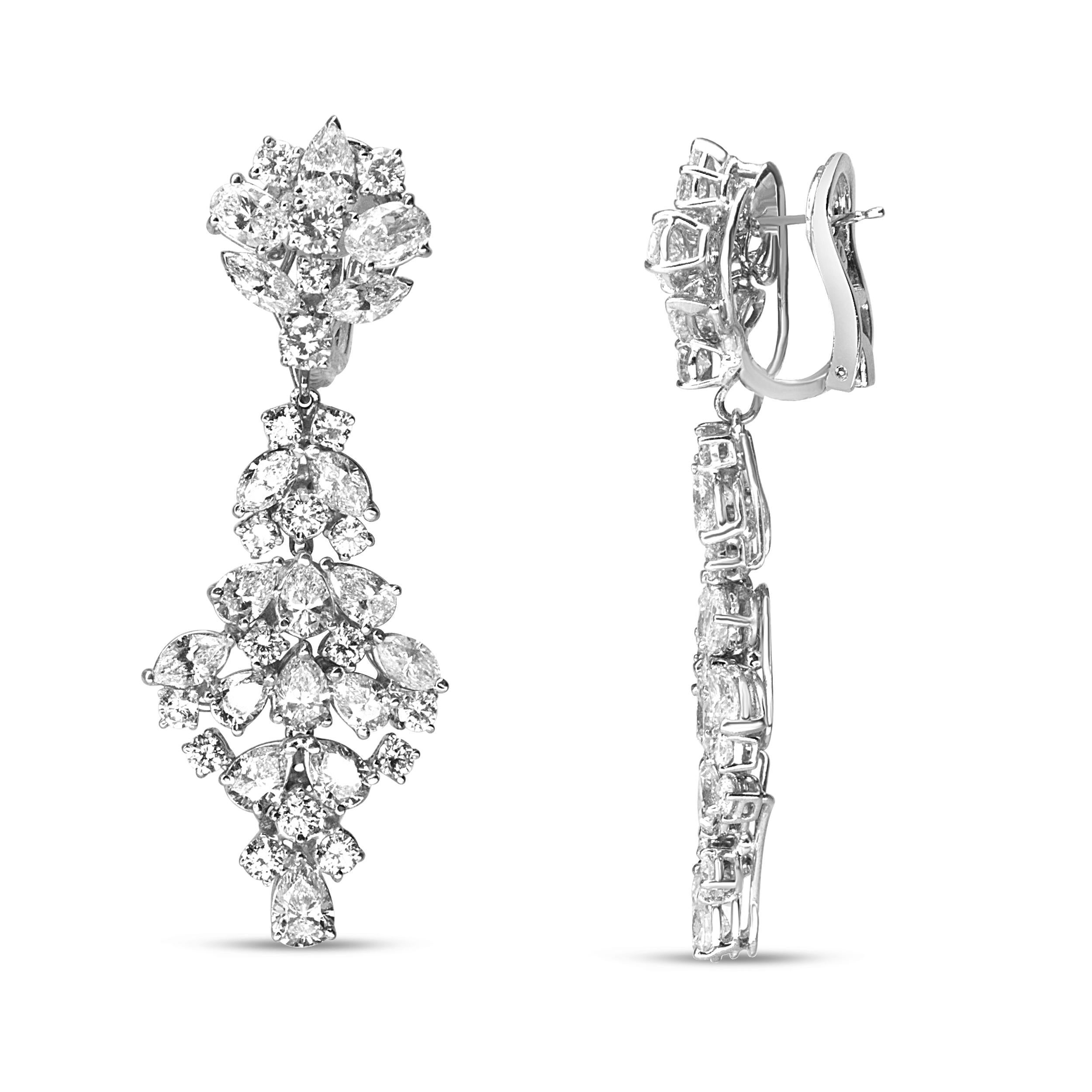 Contemporary 18K White Gold 9 1/2 Carat Diamond Cluster Drop Dangle Clip-On Earrings For Sale