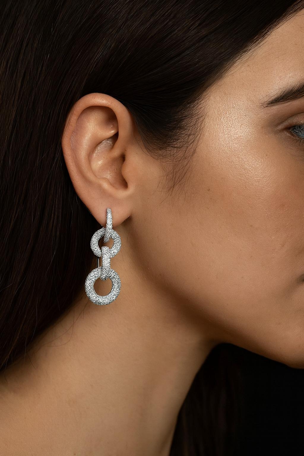 Round Cut 18K White Gold 9.00 Carat Round Pave Diamond Circle Chain Link Earrings For Sale