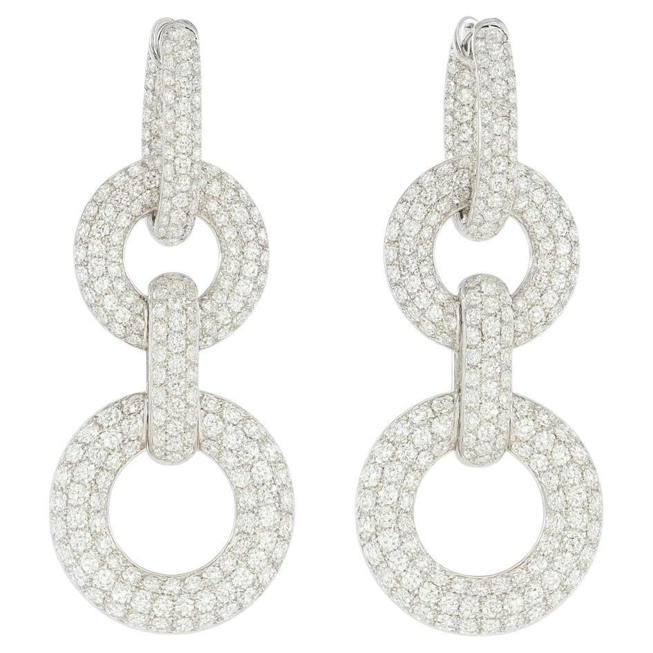 18K White Gold 9.00 Carat Round Pave Diamond Circle Chain Link Earrings For Sale