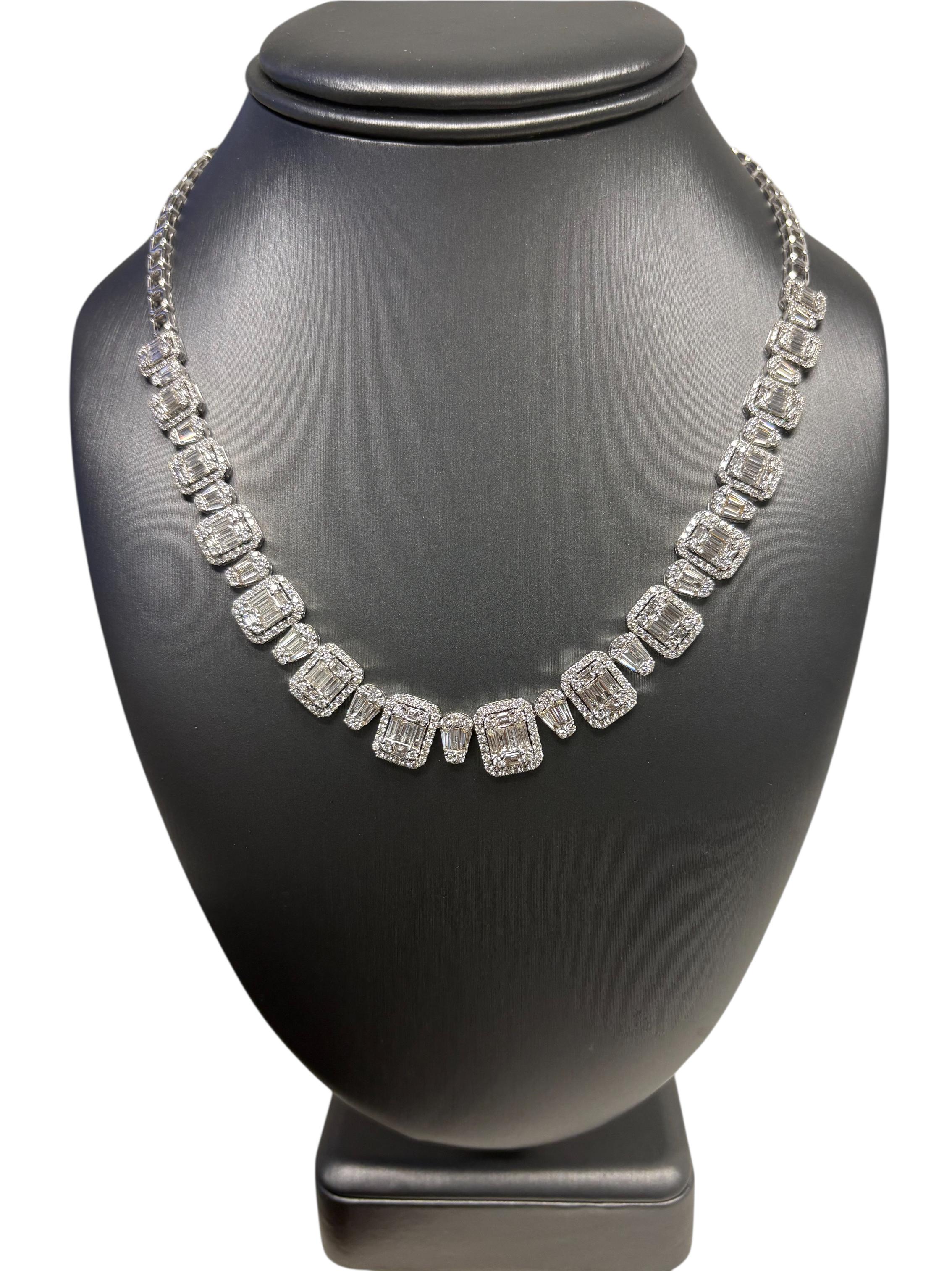 Collier en or blanc 18k diamant baguette et rond brillant naturel 9.09ctw en vente 5