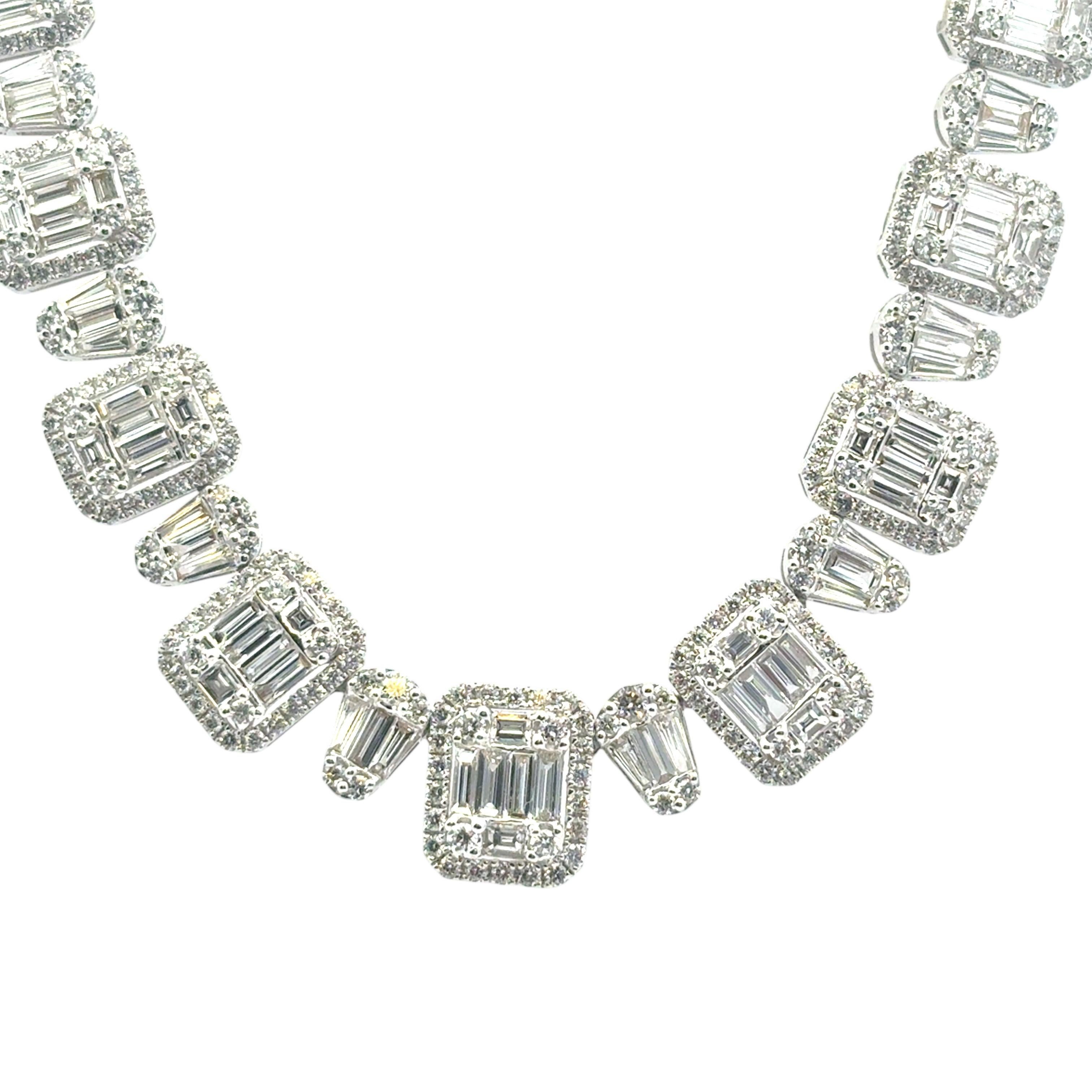 Taille mixte Collier en or blanc 18k diamant baguette et rond brillant naturel 9.09ctw en vente