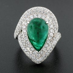 18k White Gold 9.10ctw GIA Pear Cabochon Emerald & Pave Diamond Statement Ring