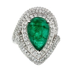 18k White Gold 9.10ctw GIA Pear Cabochon Emerald & Pave Diamond Statement Ring