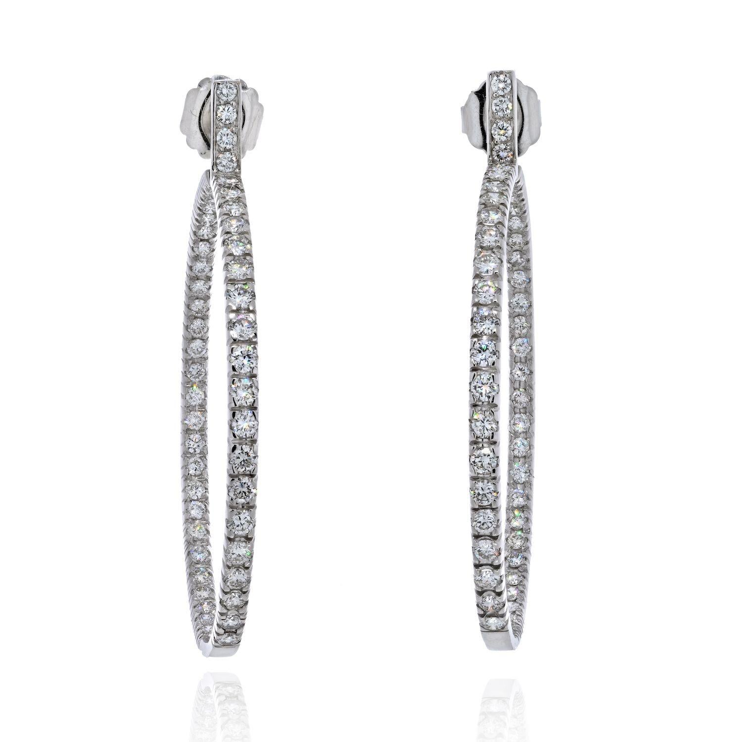 Modern 18K White Gold 9.25 Carats Hoop Diamond Earrings For Sale