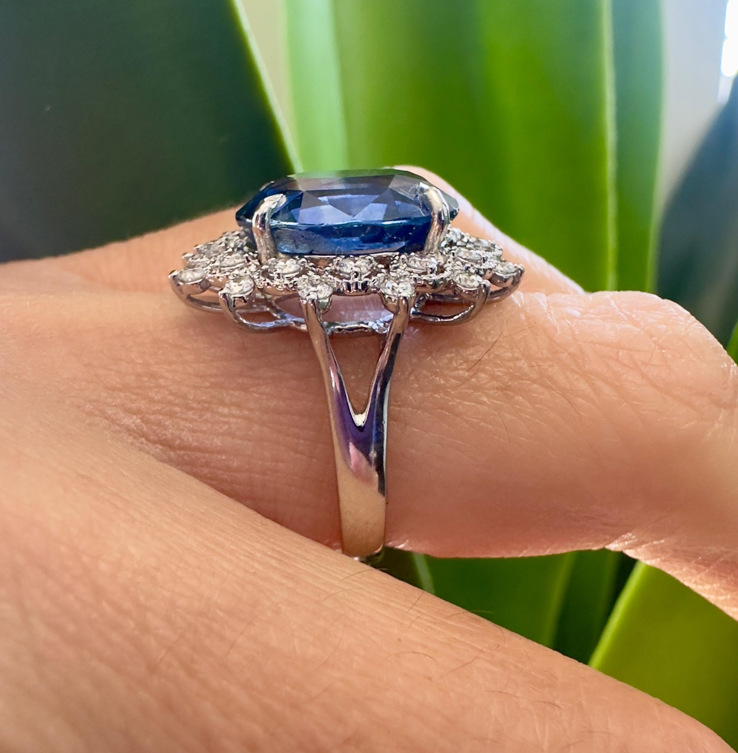 Women's 9.27 Carat GIA Certified Sri Lanka Sapphire in 18k White Gold and Diamond Ring For Sale
