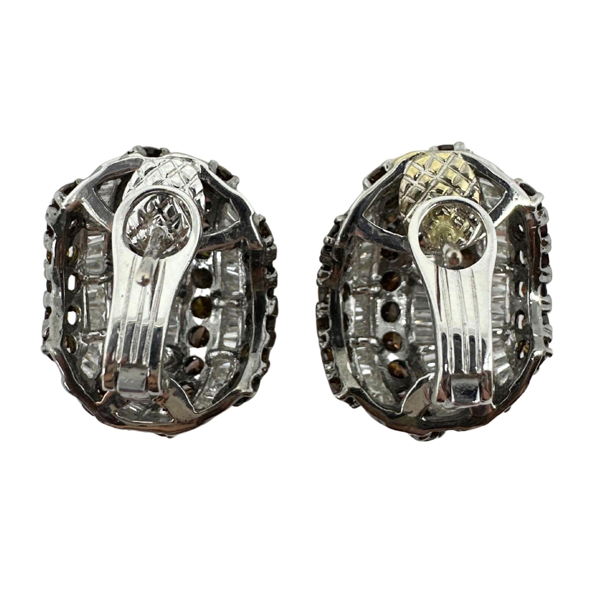 Women's 18K White Gold 9.31 Carat Tapered Baguette Cut White and Brown Diamond Earrings For Sale