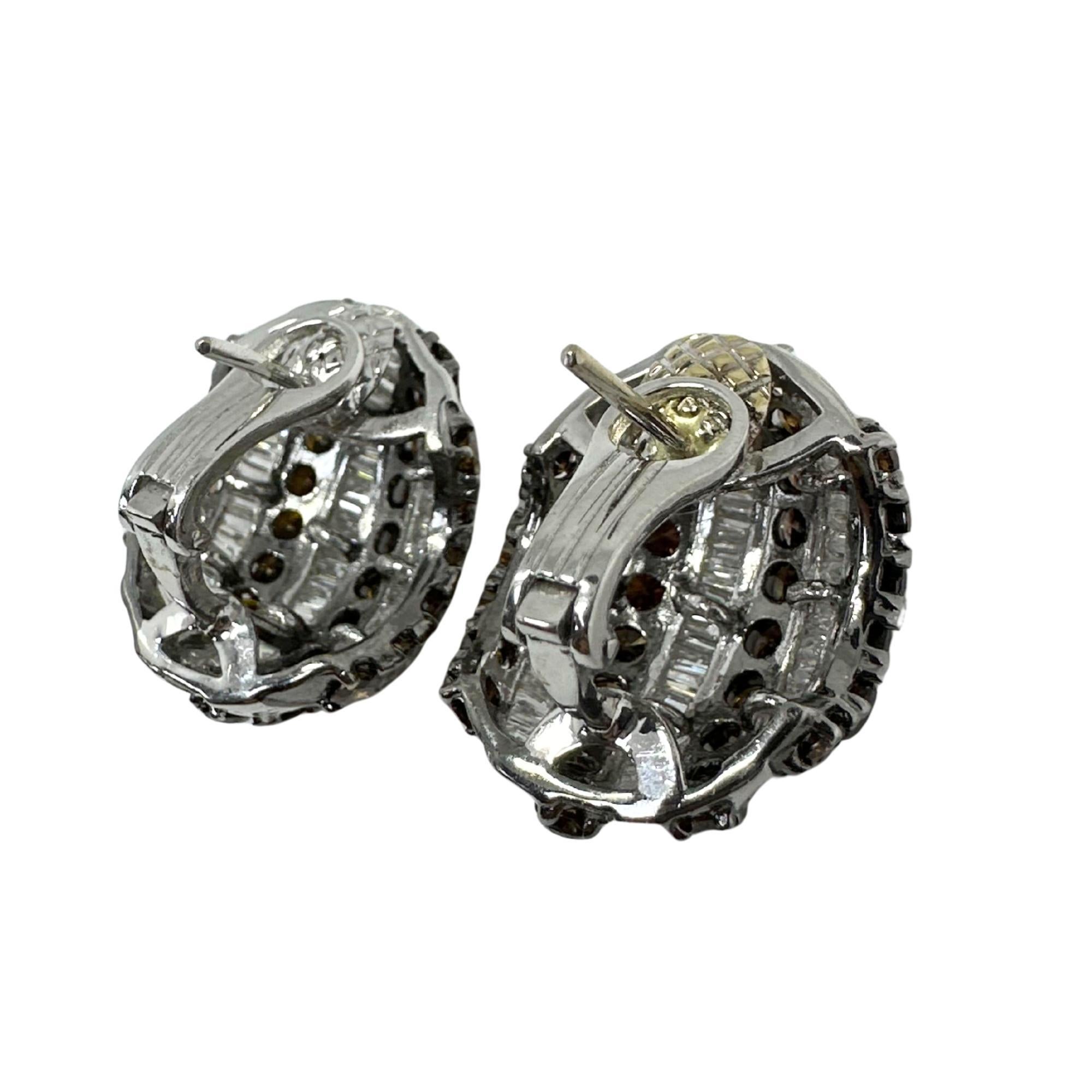 18K White Gold 9.31 Carat Tapered Baguette Cut White and Brown Diamond Earrings For Sale 1