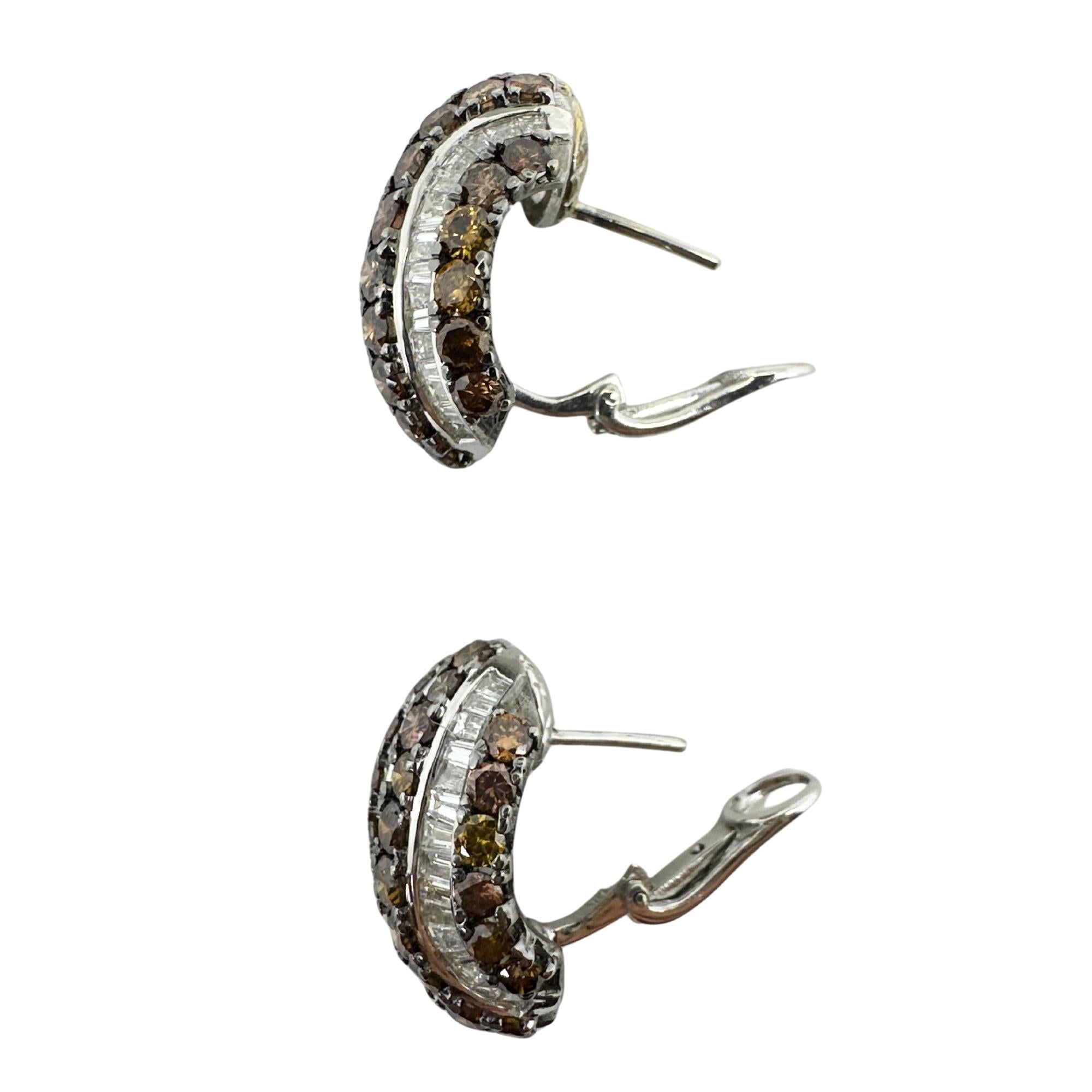 18K White Gold 9.31 Carat Tapered Baguette Cut White and Brown Diamond Earrings For Sale 2
