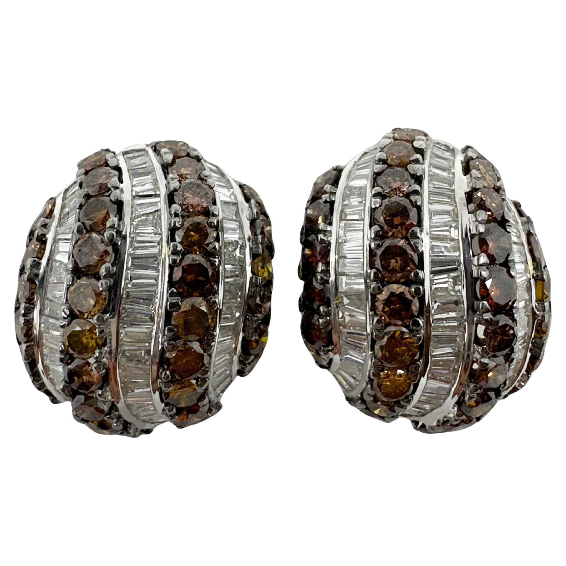 18K White Gold 9.31 Carat Tapered Baguette Cut White and Brown Diamond Earrings For Sale