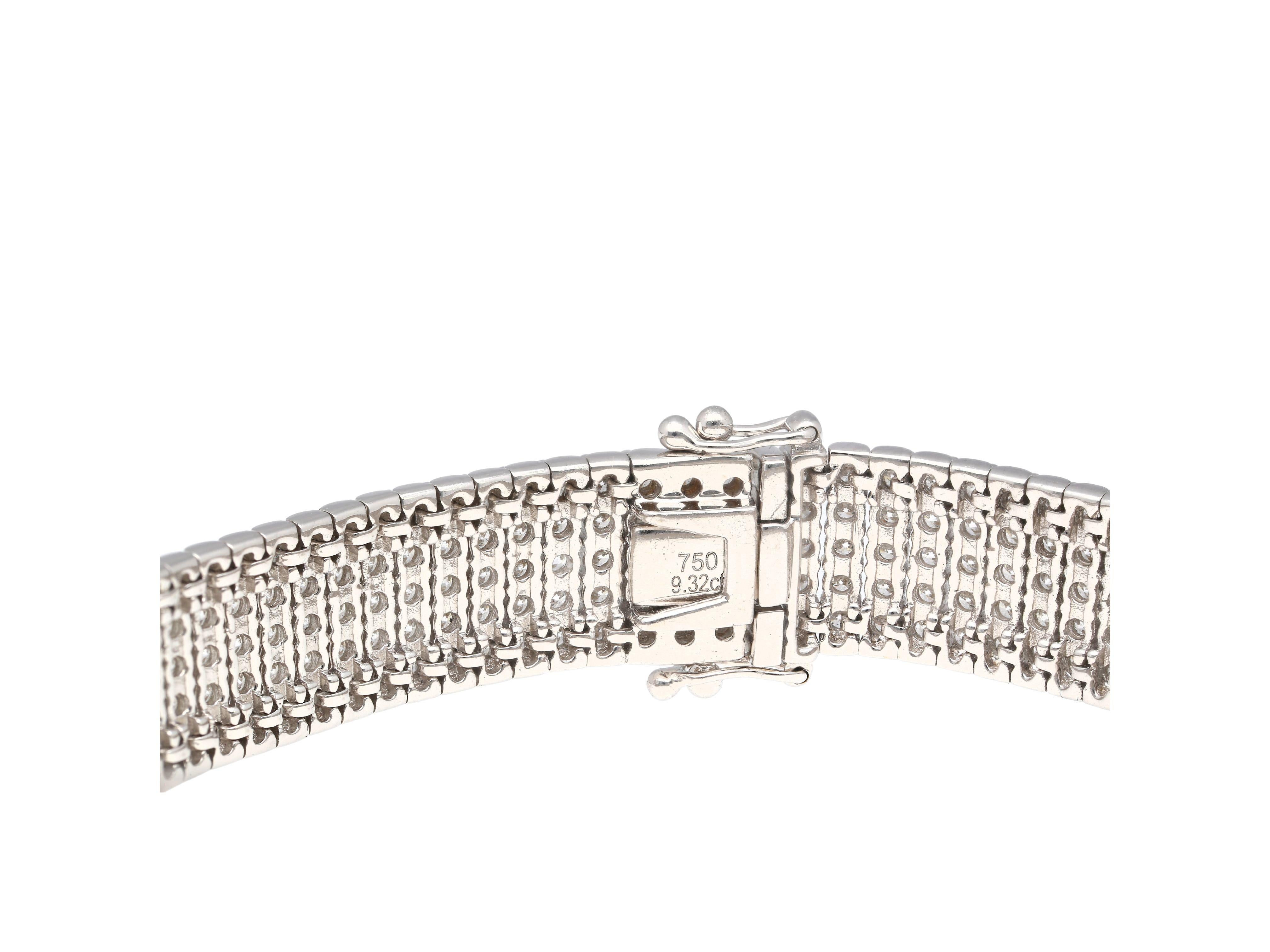 Round Cut 18k White Gold 9.32 Carat TW Natural Diamond 5-Row Tennis Bracelet For Sale