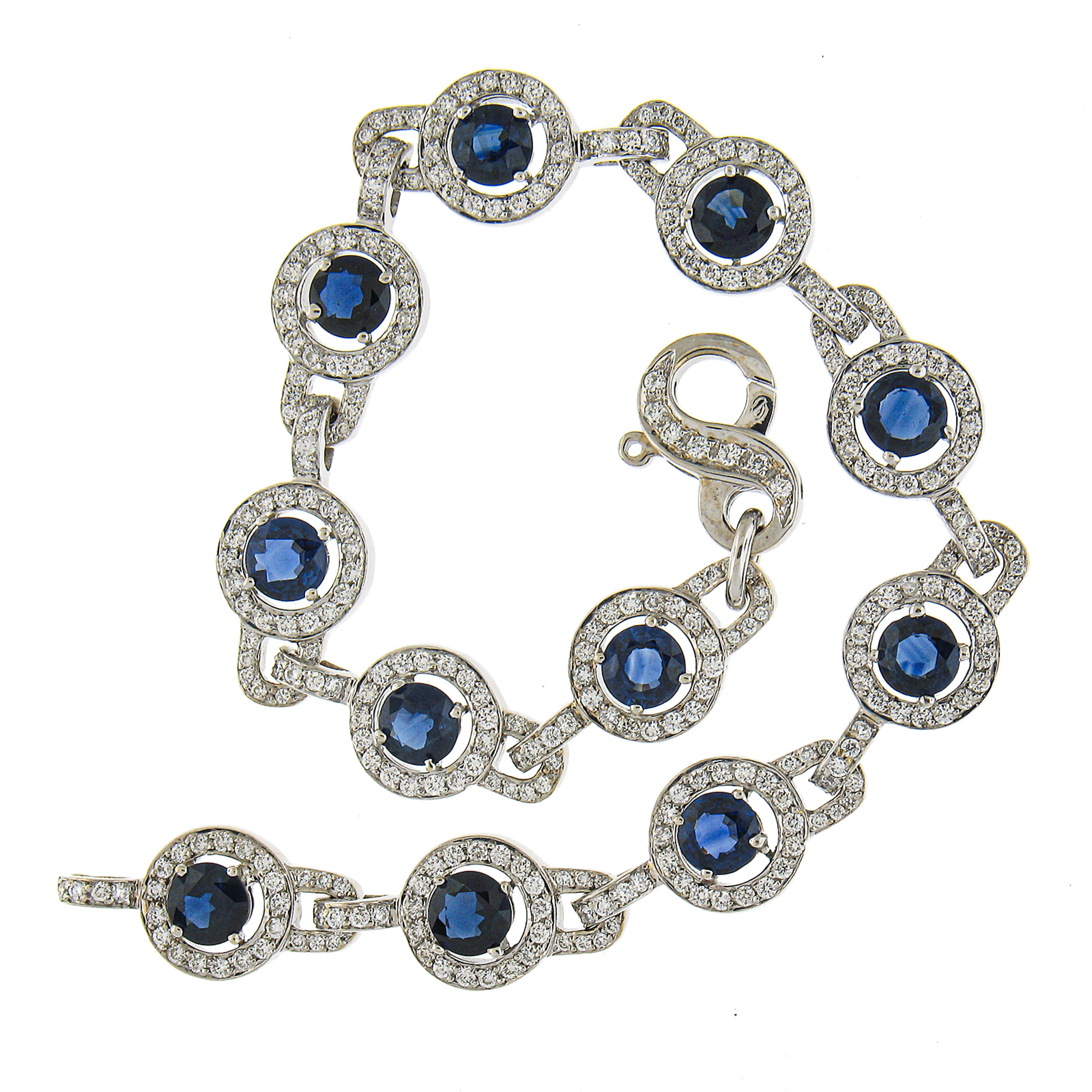 Bracelet à maillons en or blanc 18 carats avec saphirs et diamants de haute qualité de 9,51 carats Excellent état - En vente à Montclair, NJ