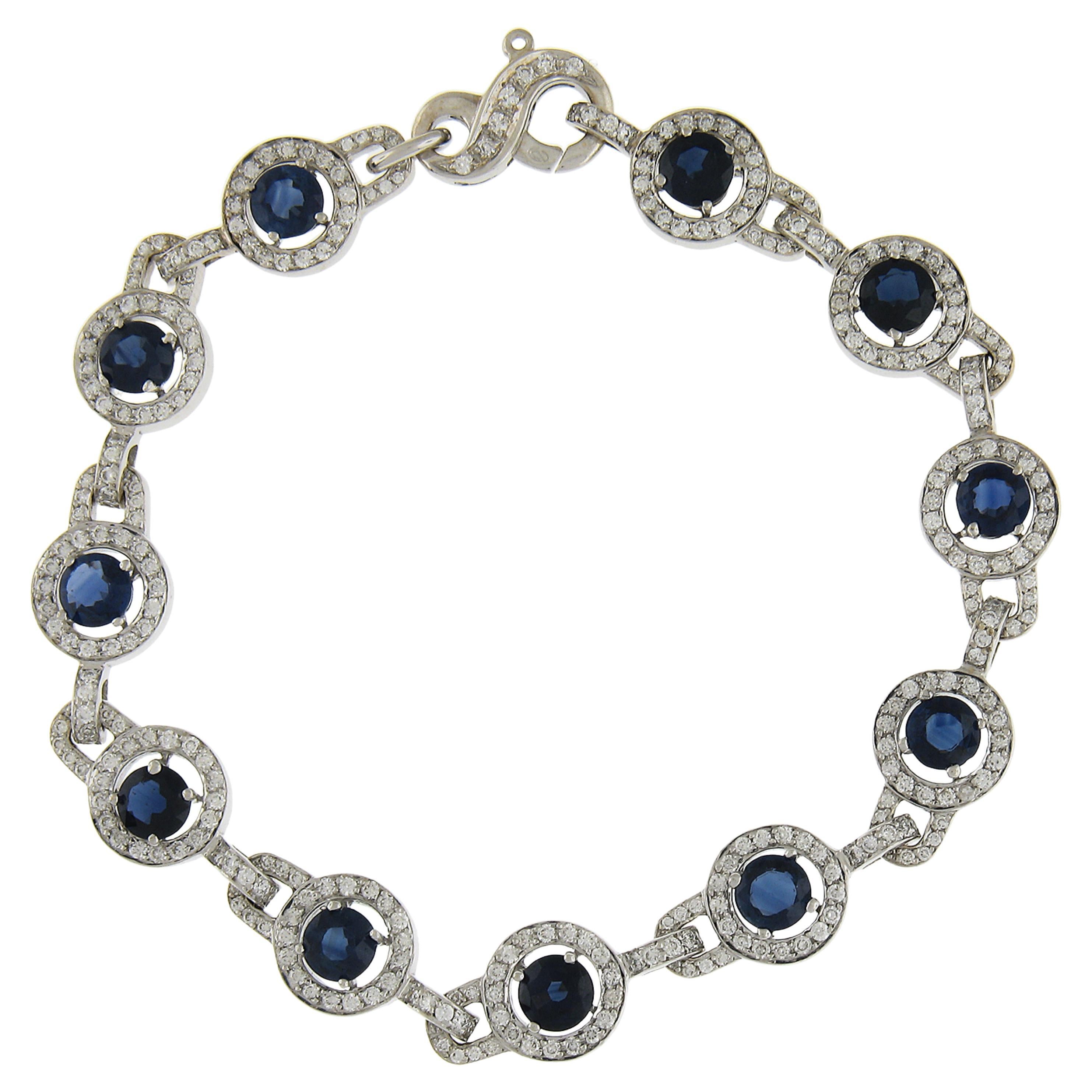 18k White Gold 9.51ctw High Quality Sapphire & Diamond Halo Line Link Bracelet