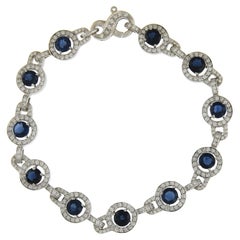 18k White Gold 9.51ctw High Quality Sapphire & Diamond Halo Line Link Bracelet