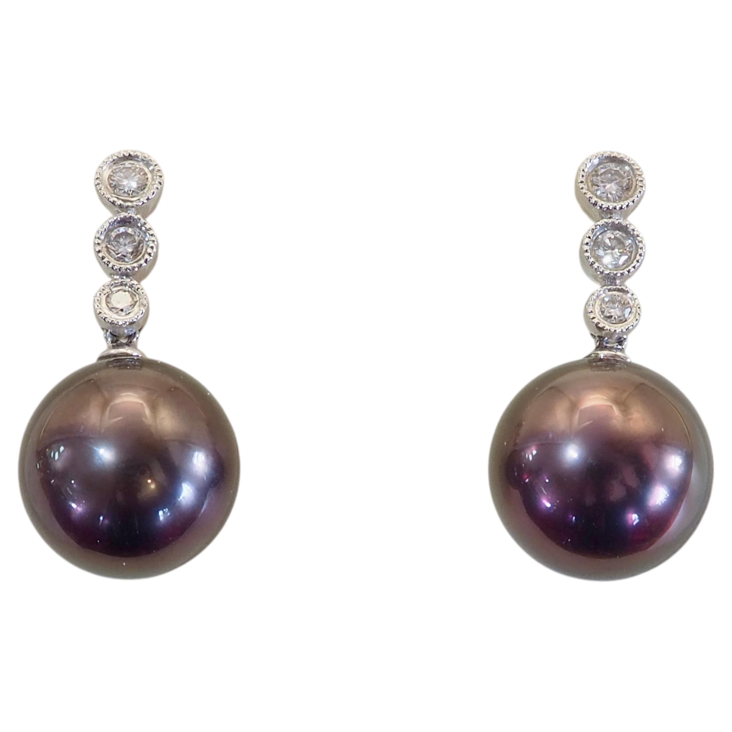 18K White Gold 9.5mm Red-Purple Tahiti Pearl & 0.15ct Diamond Dangle Earrings