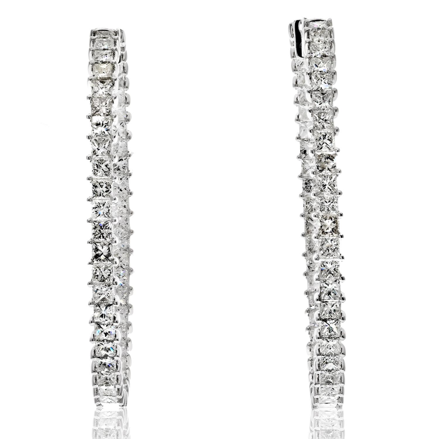 Women's 18k White Gold 9.62cttw Princess Cut Diamond Hoop Earrings For Sale