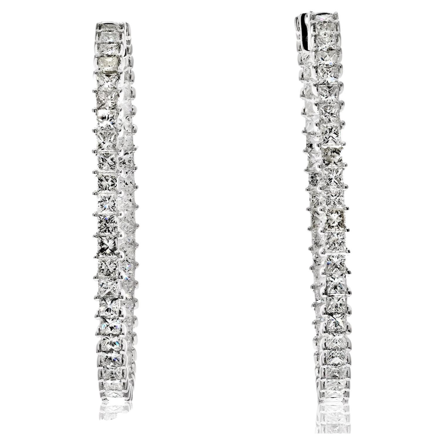 18k White Gold 9.62cttw Princess Cut Diamond Hoop Earrings For Sale