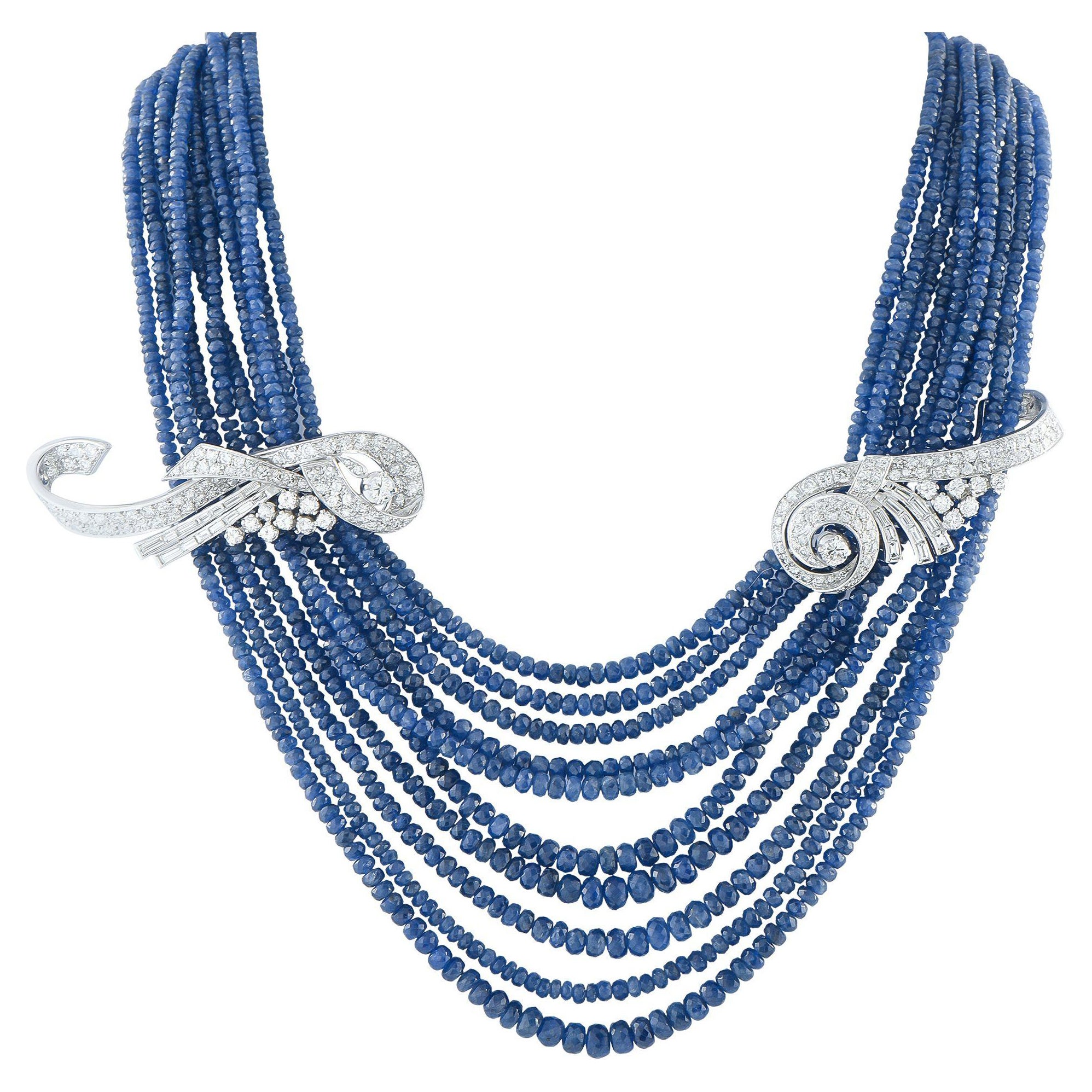 Collana multifilo in oro bianco 18K con diamanti da 9,75 carati e zaffiri da 400,0 carati