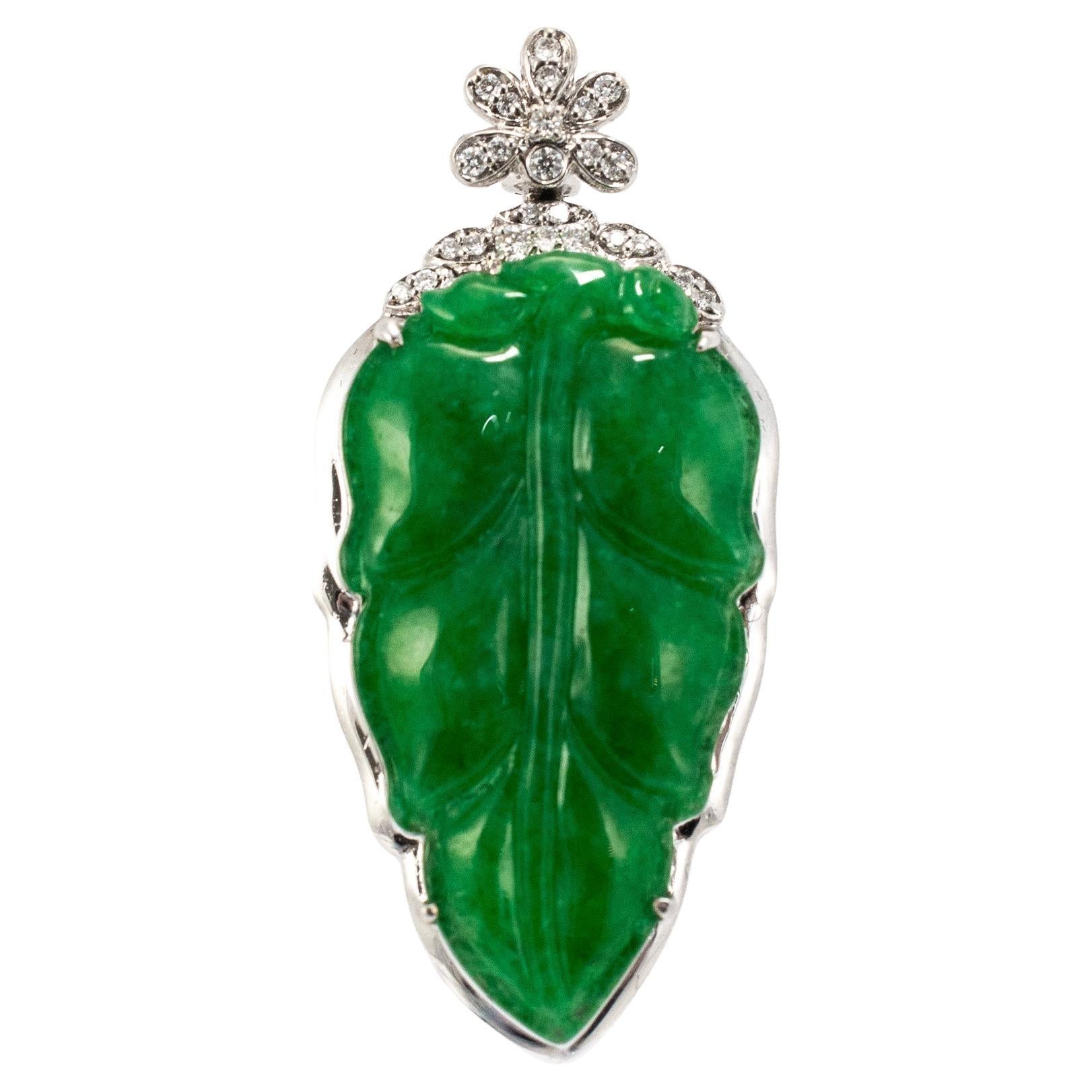 18K White Gold 9.80ct Green Burmese Jadeite Jade Diamond Charm Pendant For Sale