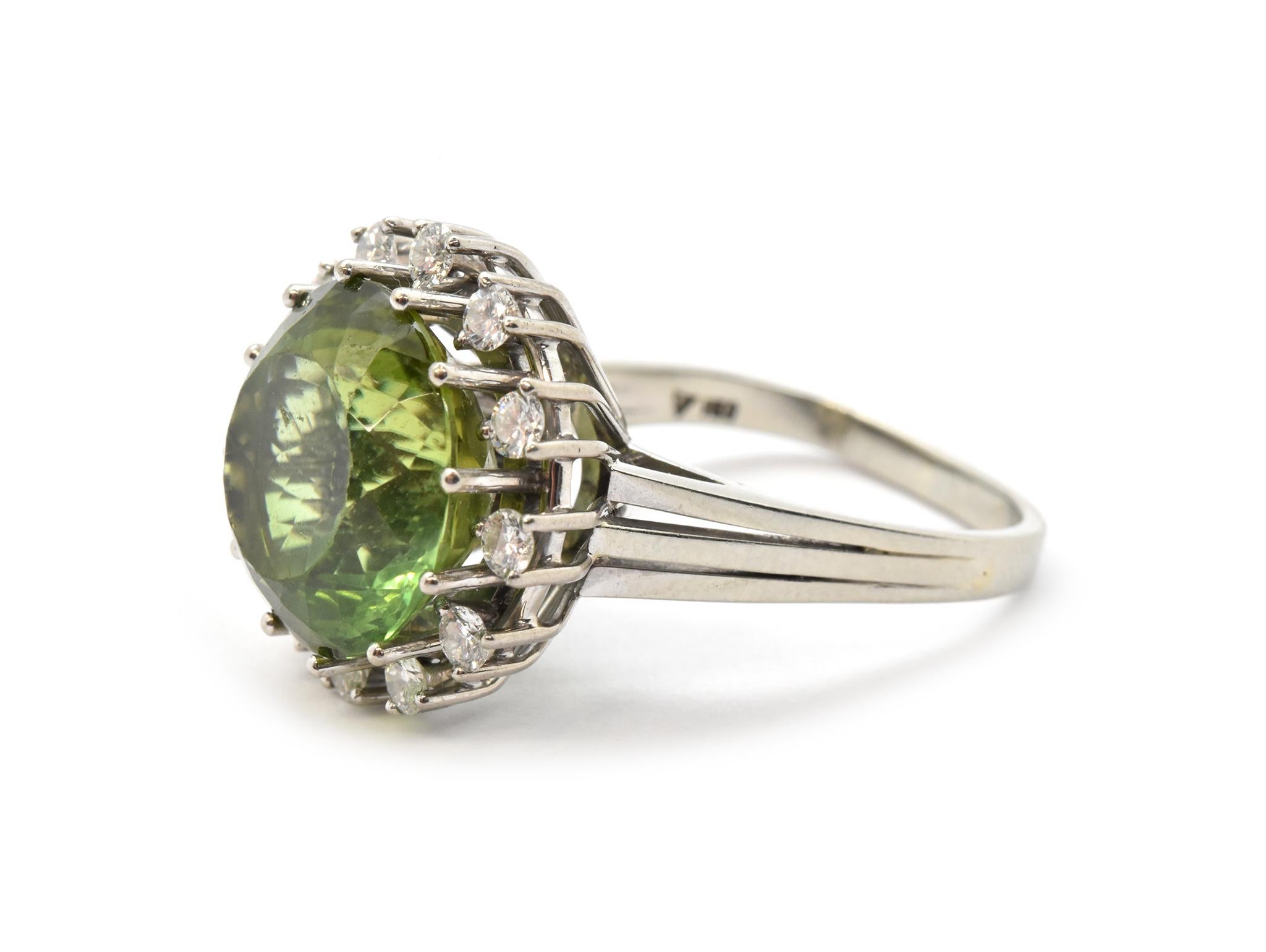 Contemporary 18k White Gold 9.87ct Green Tourmaline & 0.60cttw Diamond Cocktail Ring For Sale