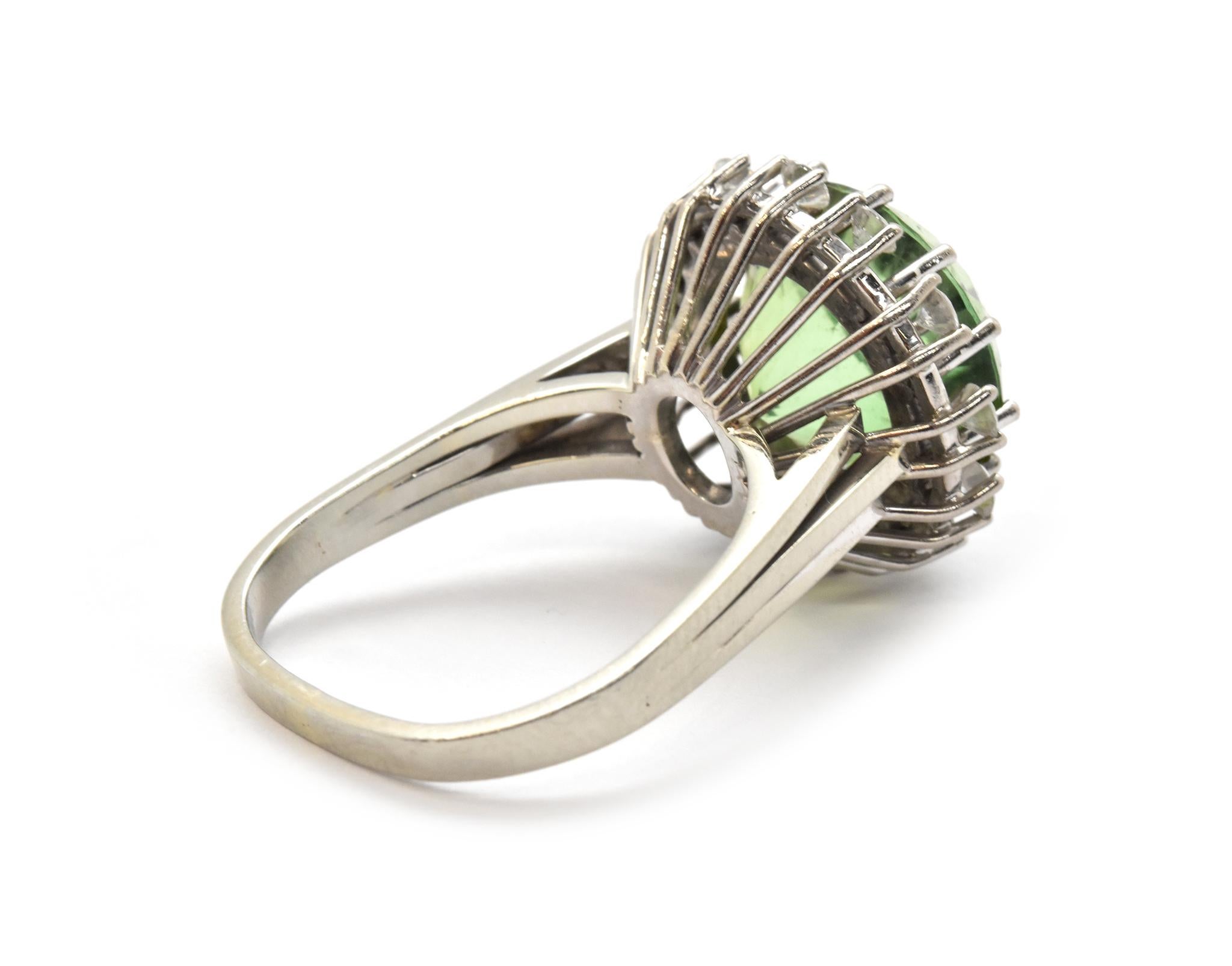 Women's or Men's 18k White Gold 9.87ct Green Tourmaline & 0.60cttw Diamond Cocktail Ring For Sale