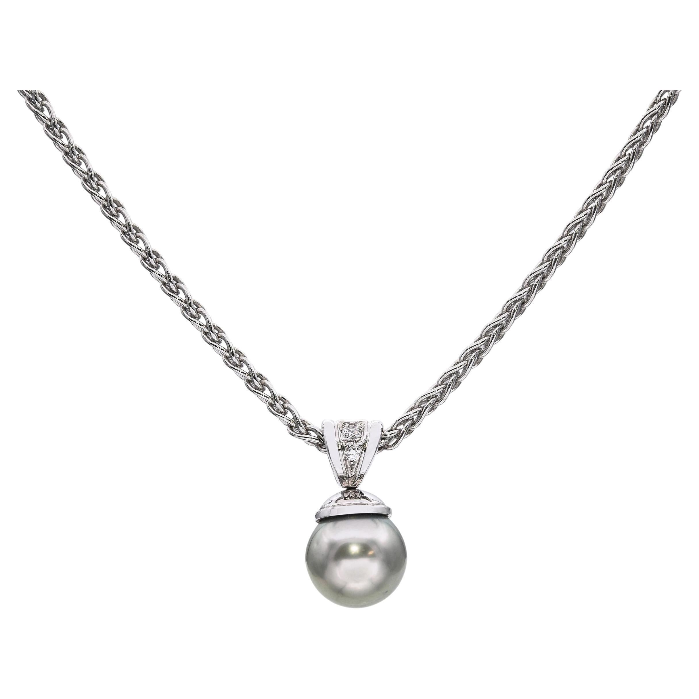 18k White Gold 9.8mm Tahitian Pearl and Diamond Pendant Necklace