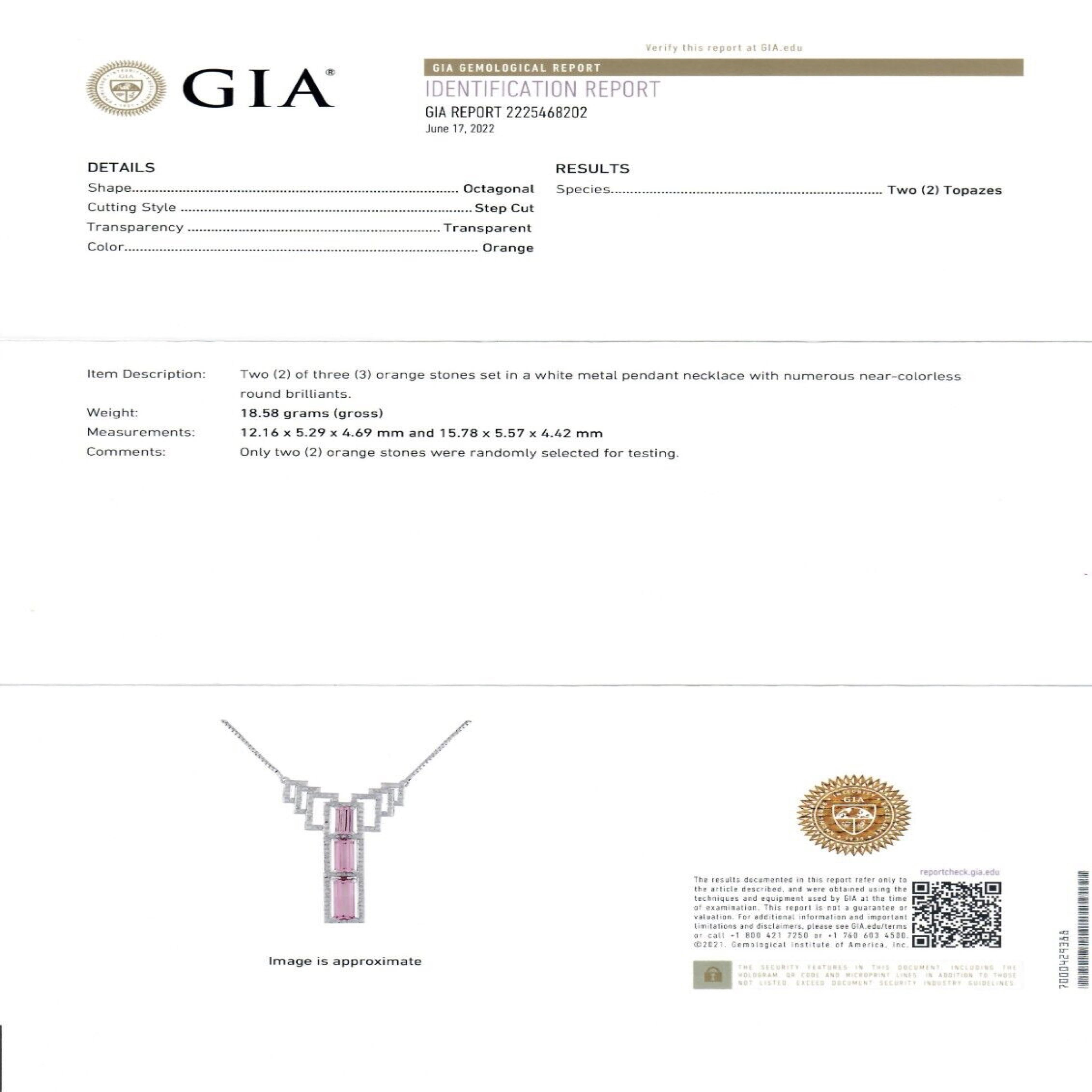 18k White Gold 9.9ct GIA Imperial Topaz & Diamond Geometric Pendant Necklace For Sale 2