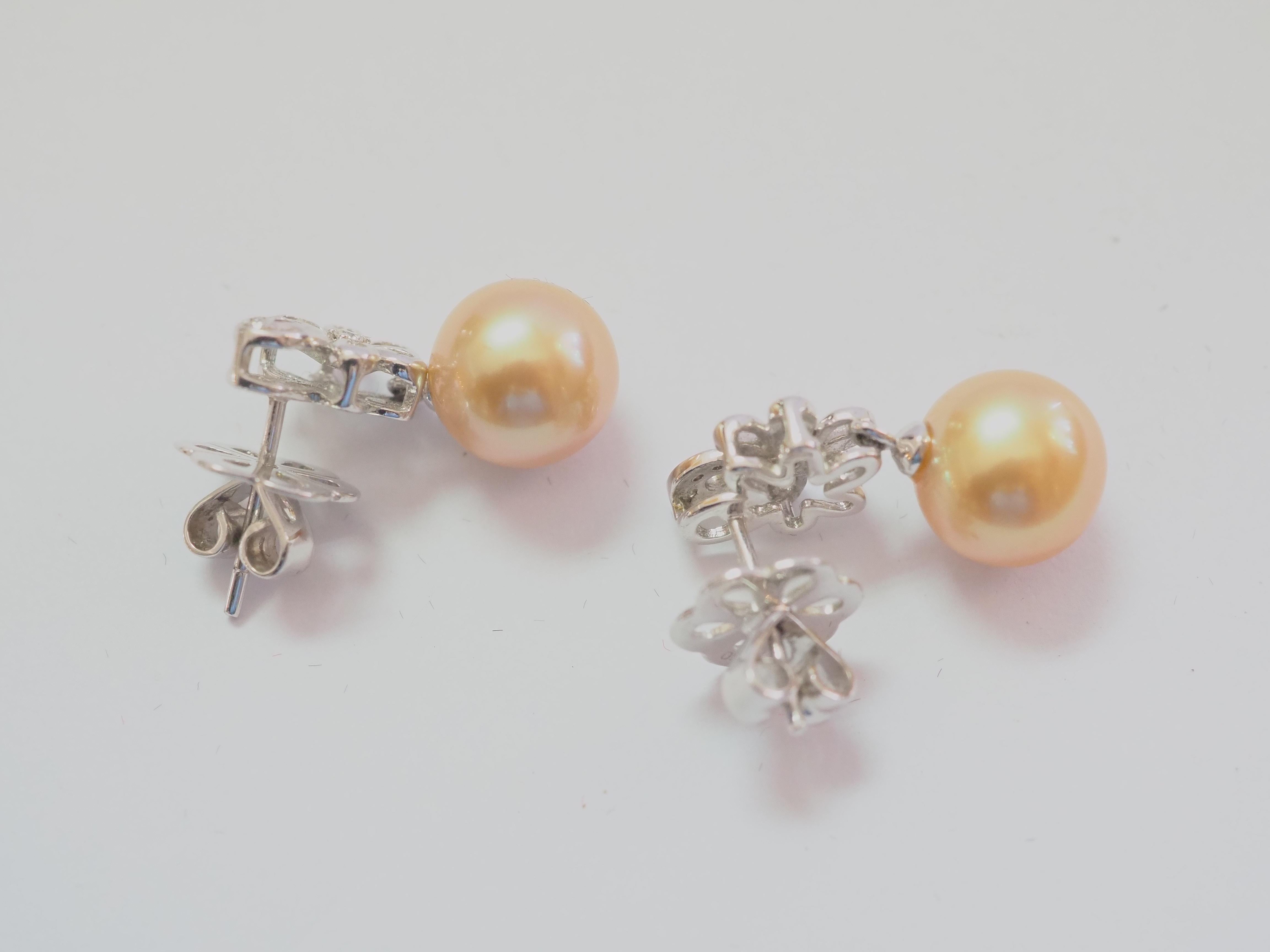 Women's 18K White Gold 9mm Golden South Sea Pearl & 0.06ct Diamond Dangle Earring For Sale