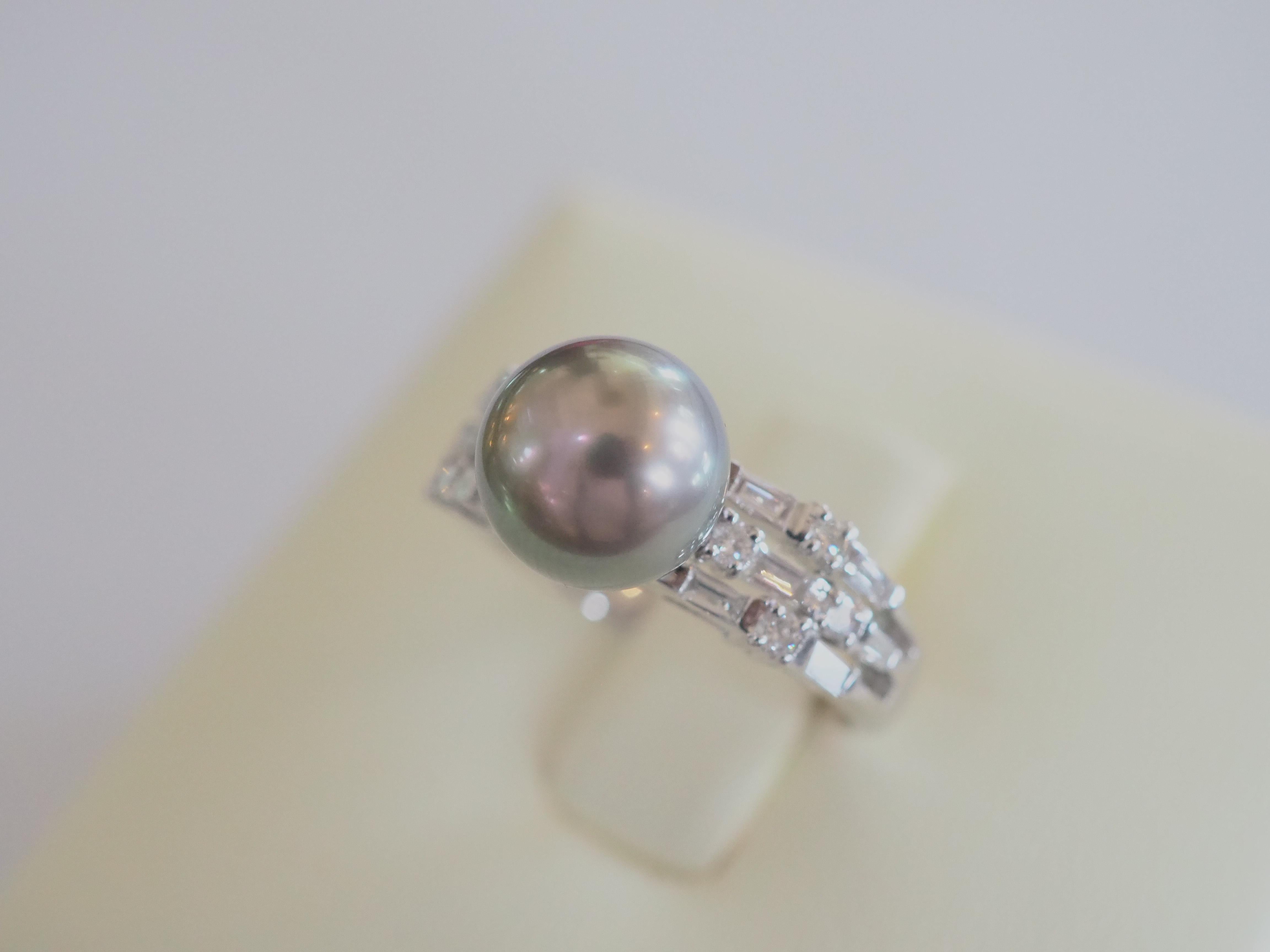 18K White Gold 9mm Tahiti Pearl & 0.40ct Diamonds Cocktail Ring For Sale 1