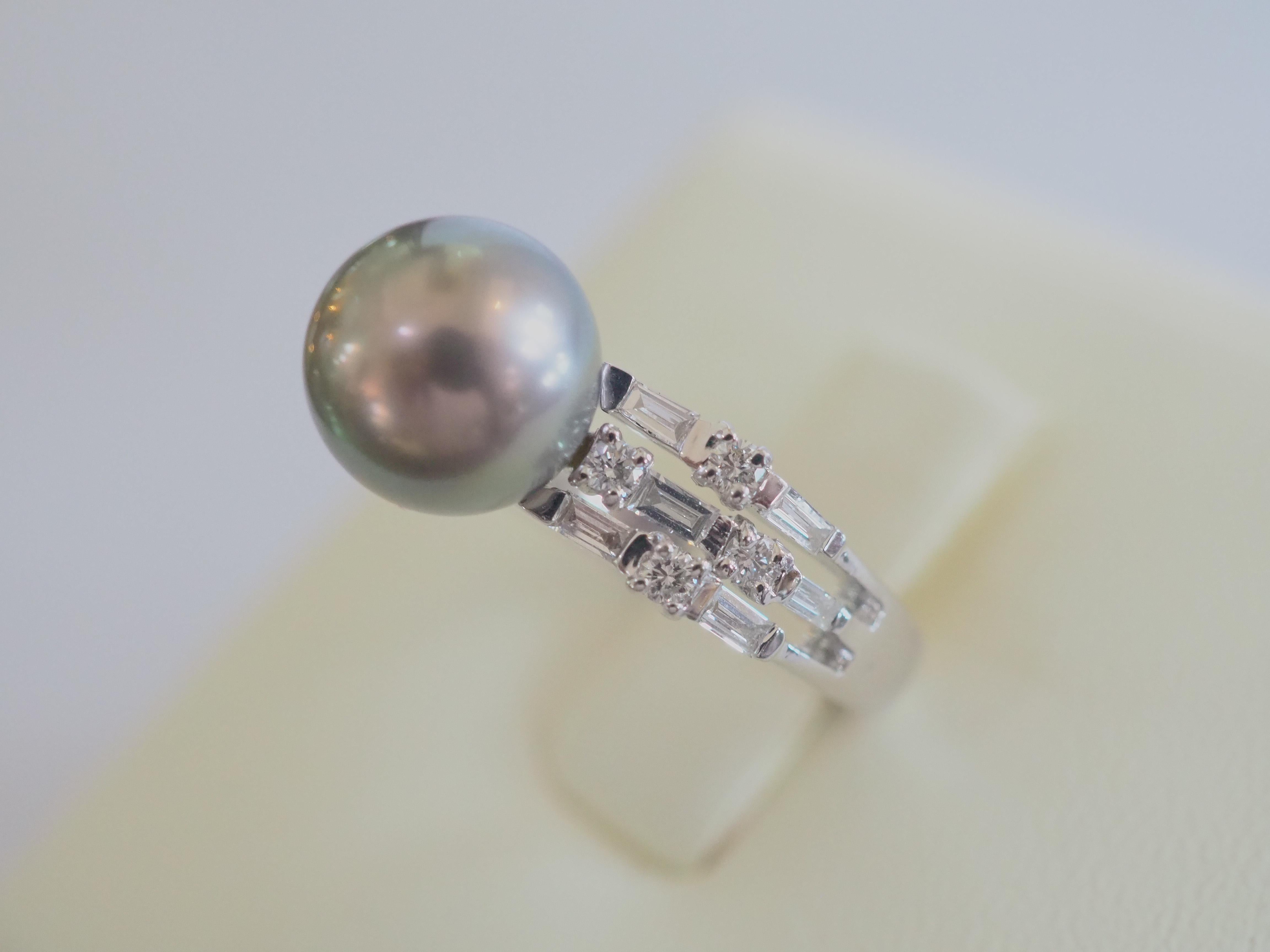 18K White Gold 9mm Tahiti Pearl & 0.40ct Diamonds Cocktail Ring For Sale 2