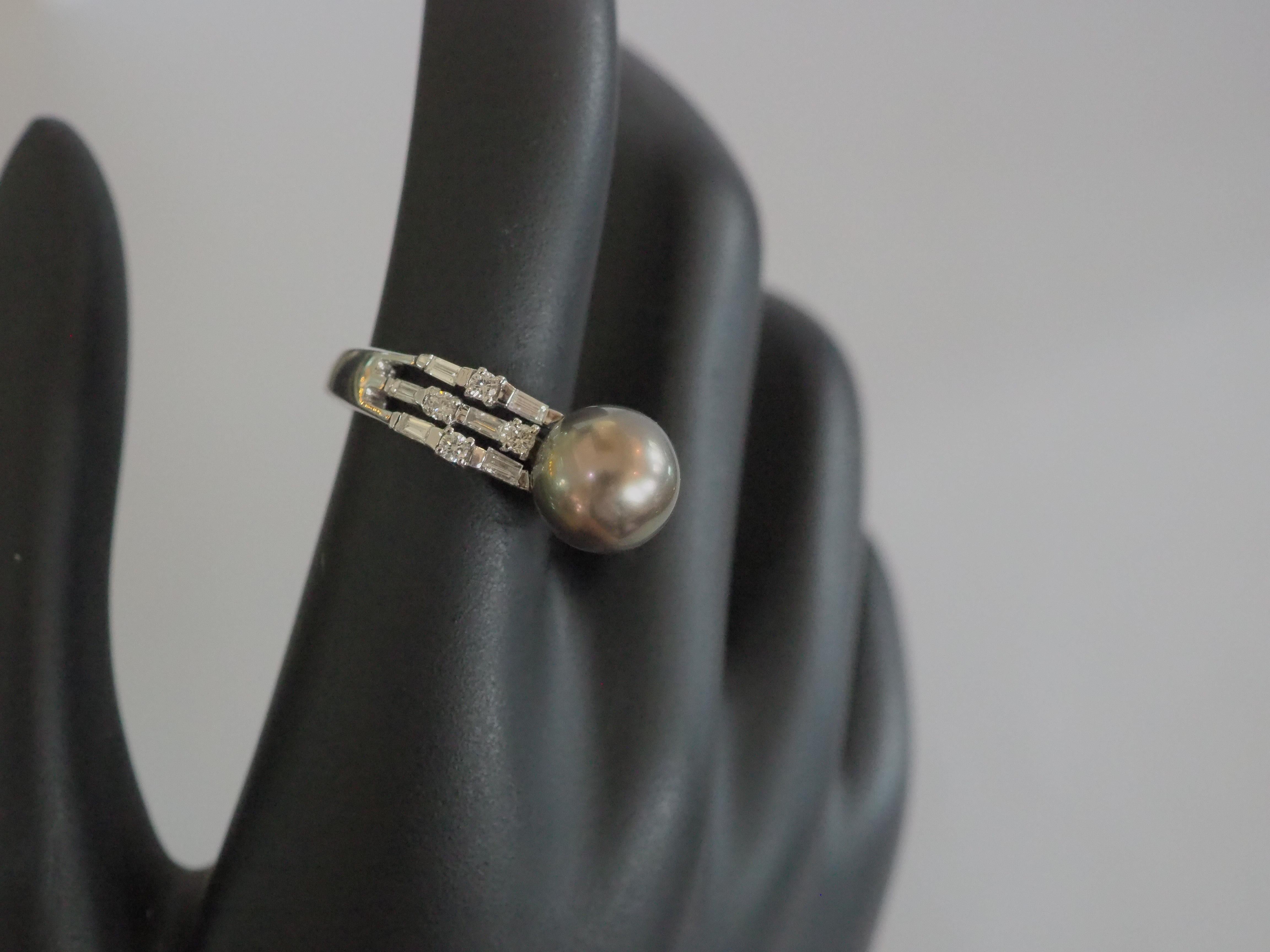 18K White Gold 9mm Tahiti Pearl & 0.40ct Diamonds Cocktail Ring For Sale 4