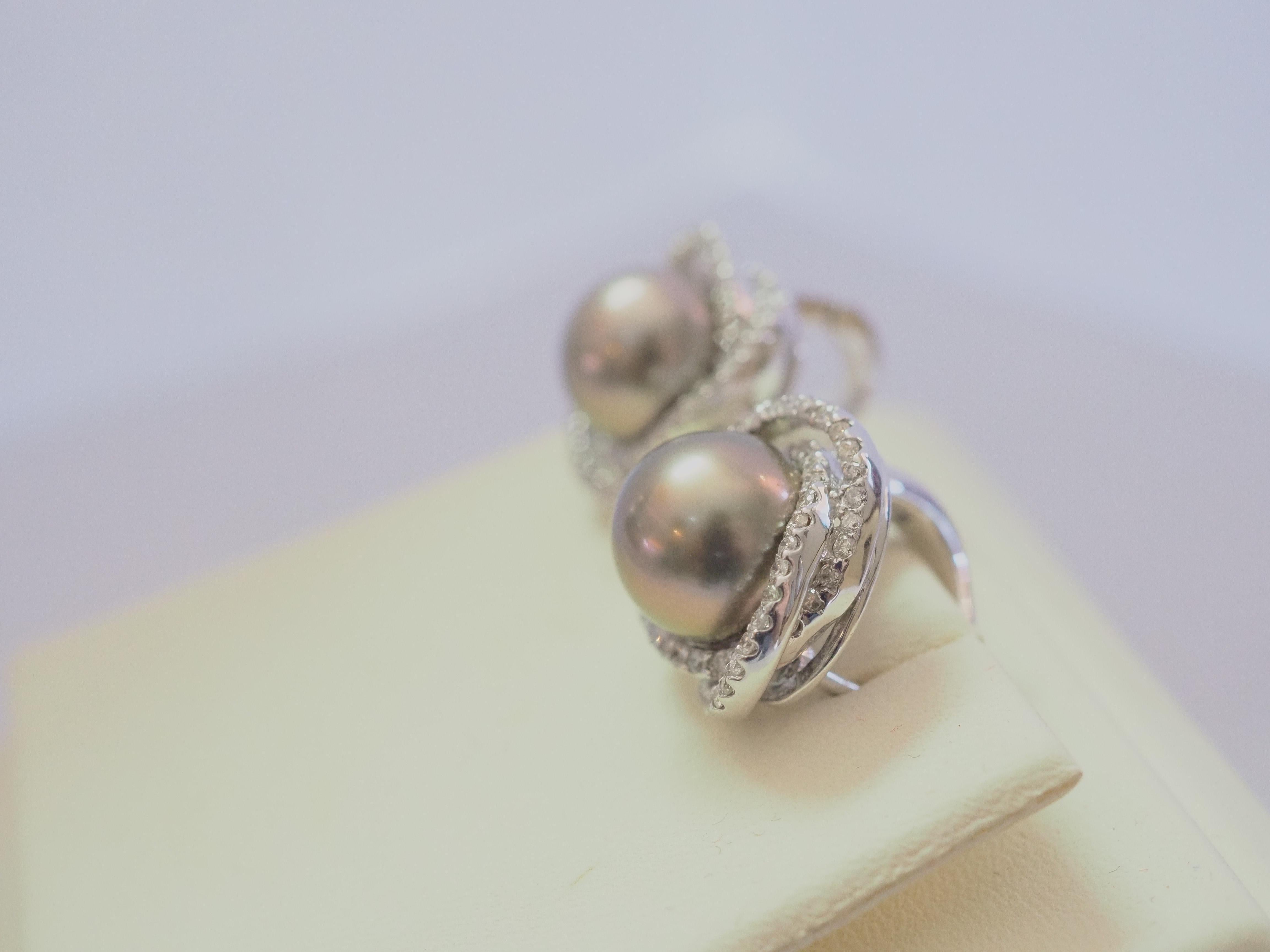 Bead 18K White Gold 9mm Tahiti Pearl & 0.65ct Round Diamond Cluster Earrings