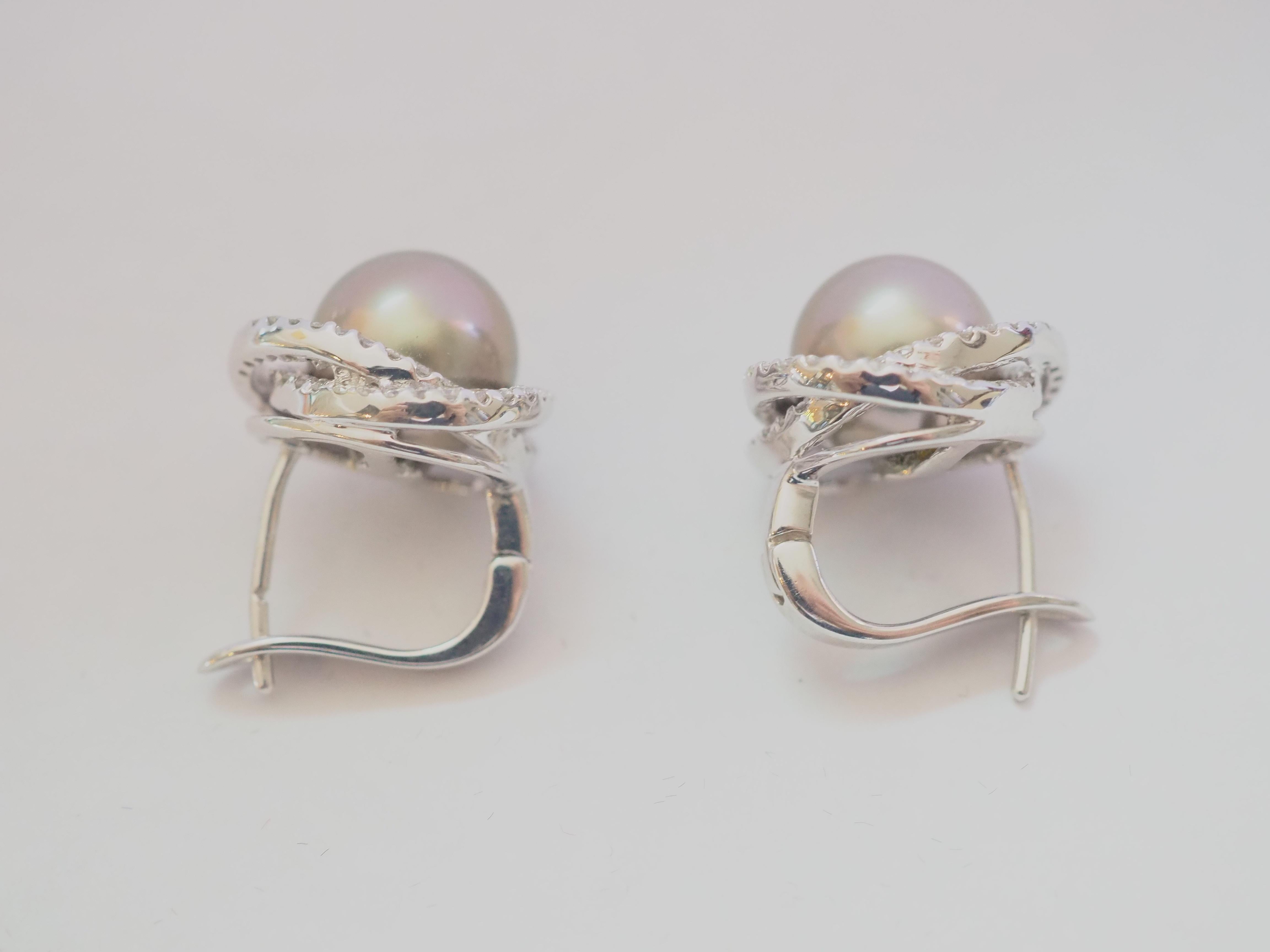 Women's or Men's 18K White Gold 9mm Tahiti Pearl & 0.65ct Round Diamond Cluster Earrings For Sale