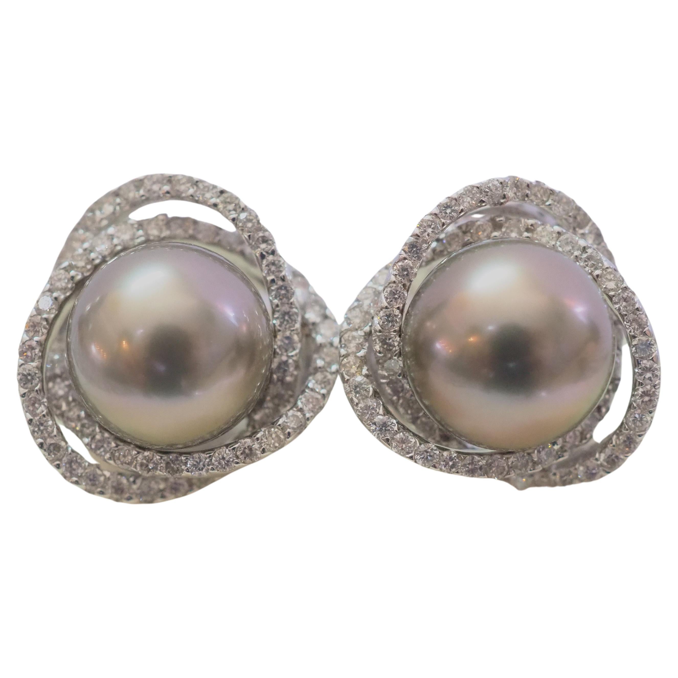 18K White Gold 9mm Tahiti Pearl & 0.65ct Round Diamond Cluster Earrings For Sale