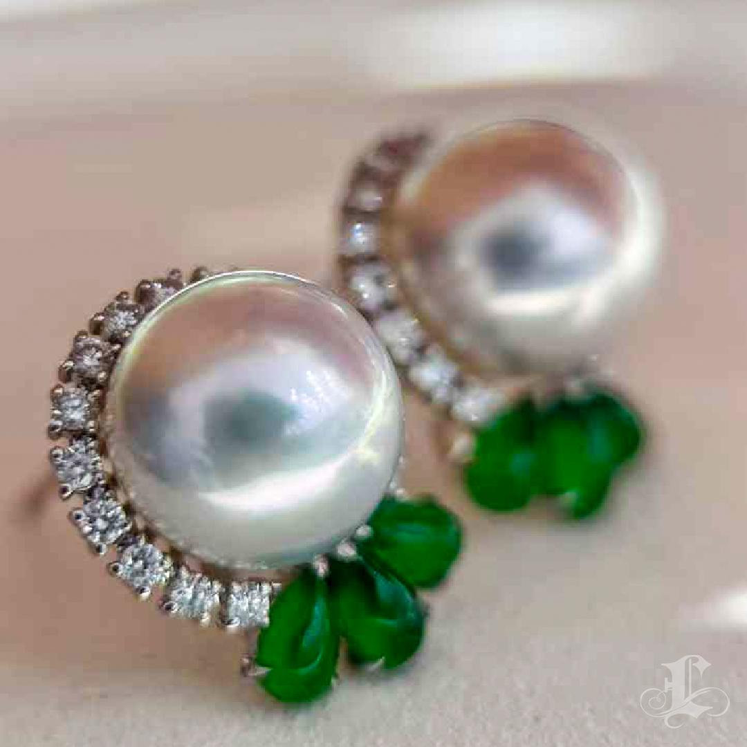 【Jādora】Blossom of Fortune Jadeite & South Sea Pearl Earrings In New Condition For Sale In New York, NY