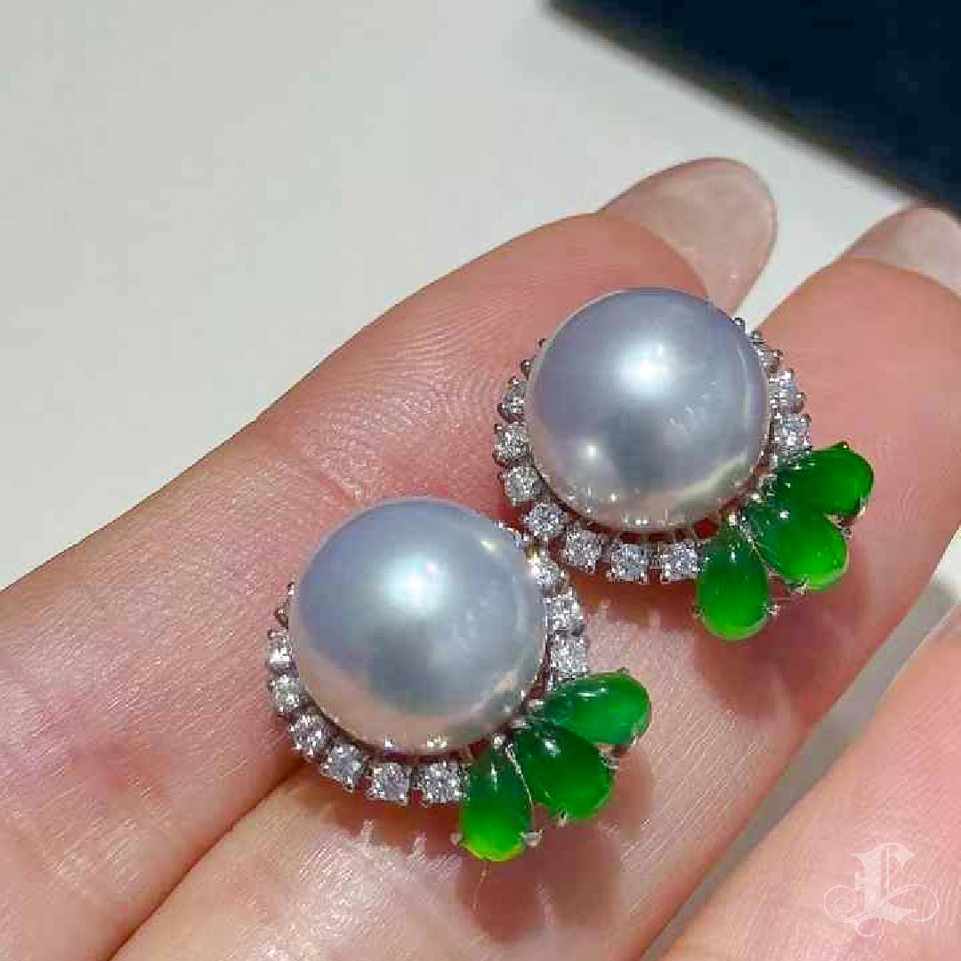 【Jādora】Blossom of Fortune Jadeite & South Sea Pearl Earrings For Sale 1