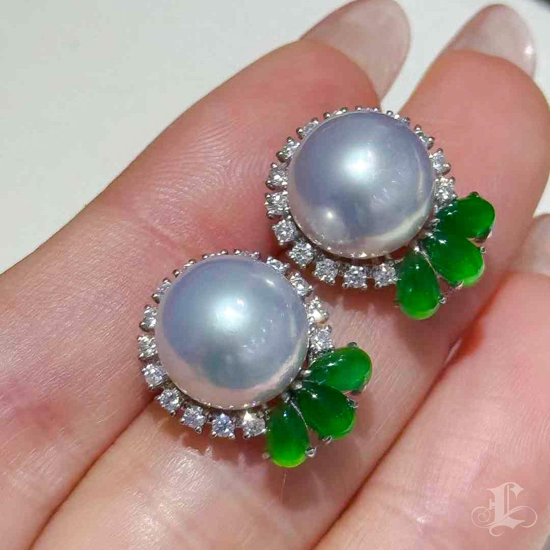 【Jādora】Blossom of Fortune Jadeite & South Sea Pearl Earrings For Sale 2