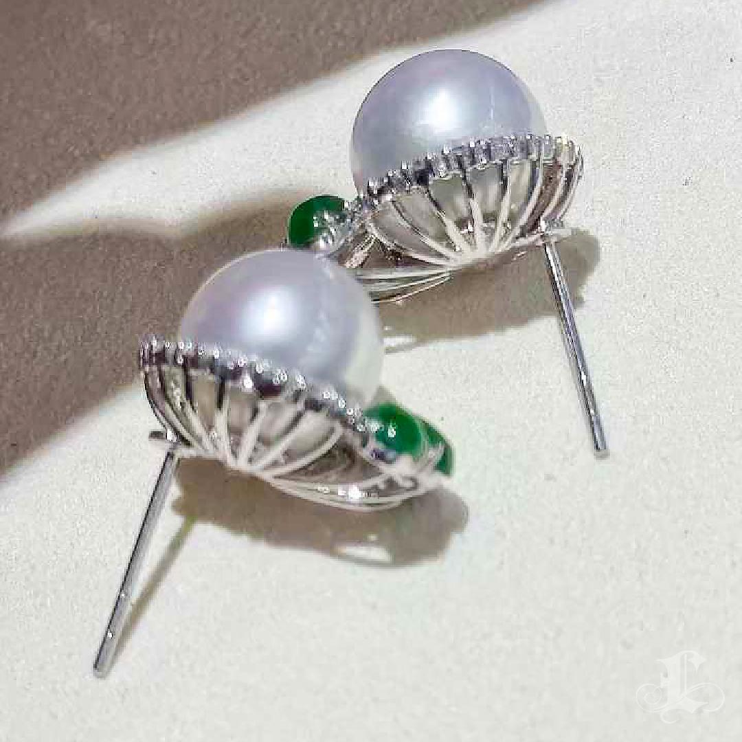 【Jādora】Blossom of Fortune Jadeite & South Sea Pearl Earrings For Sale 3