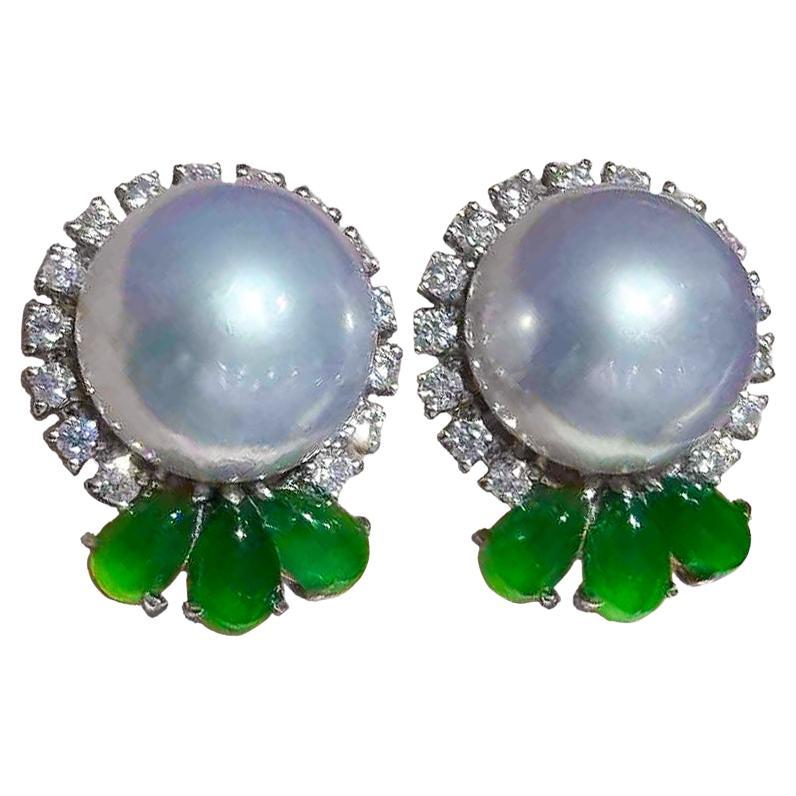 【Jādora】Blossom of Fortune Jadeite & South Sea Pearl Earrings