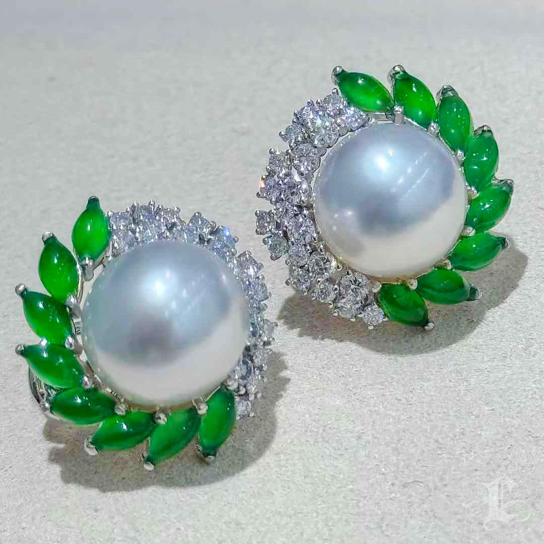 Women's 【Jādora】Imperial Leaf Halo Jadeite & South Sea Pearl Earrings
